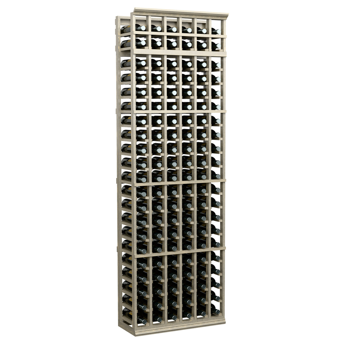 Wood wine bottle rack, 6-column 7ft, front grid holds bottles in rows