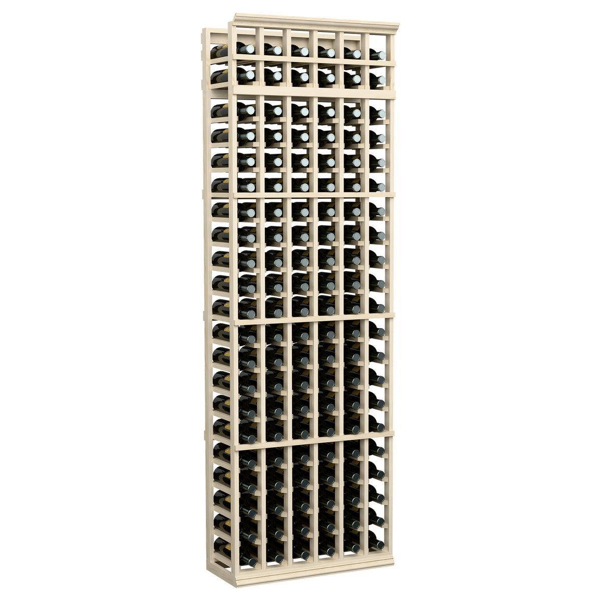 6-column 7ft wine rack with light wood lattice and rows of bottle compartments