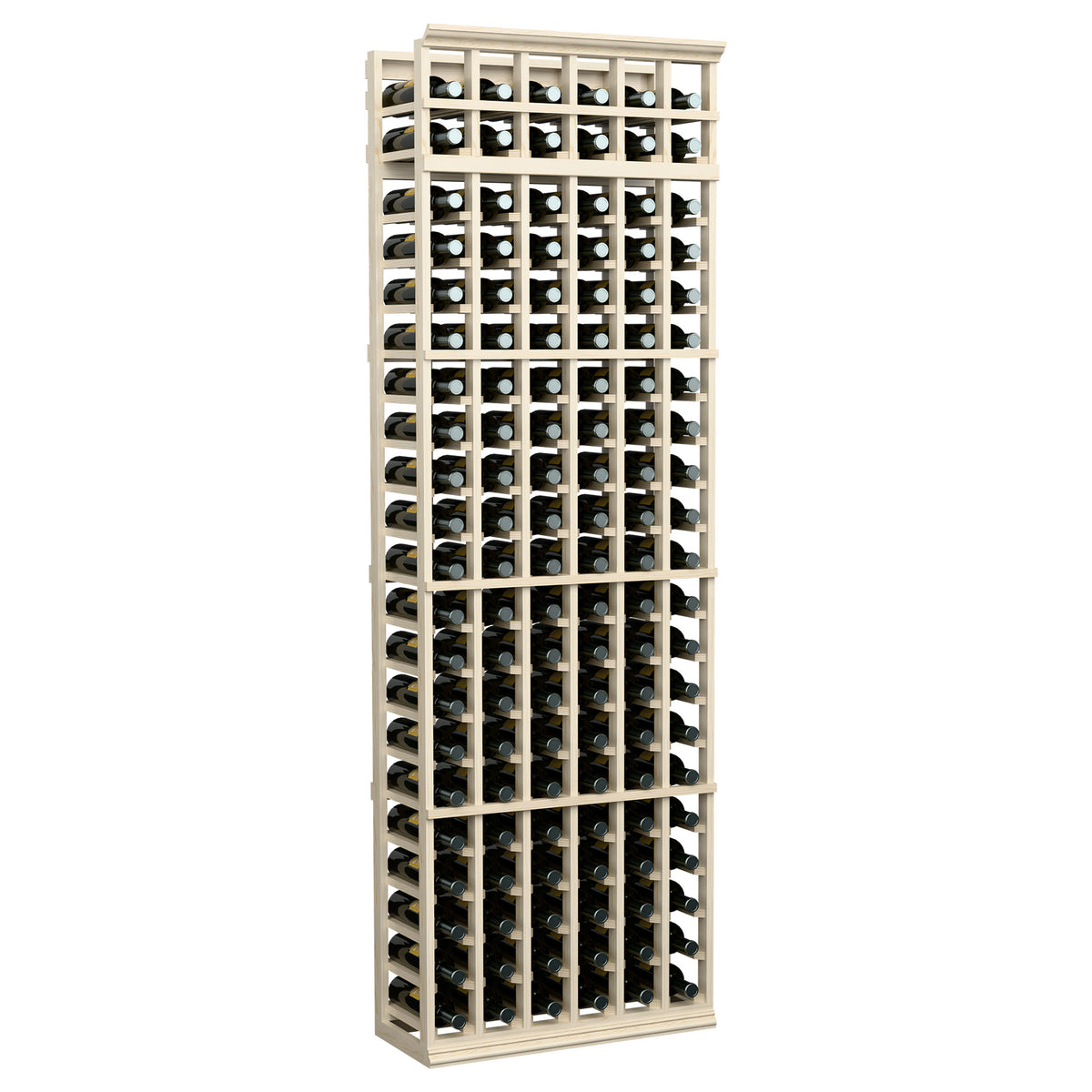 Wood wine rack, 6-column 7ft, light finish frame with bottle storage openings