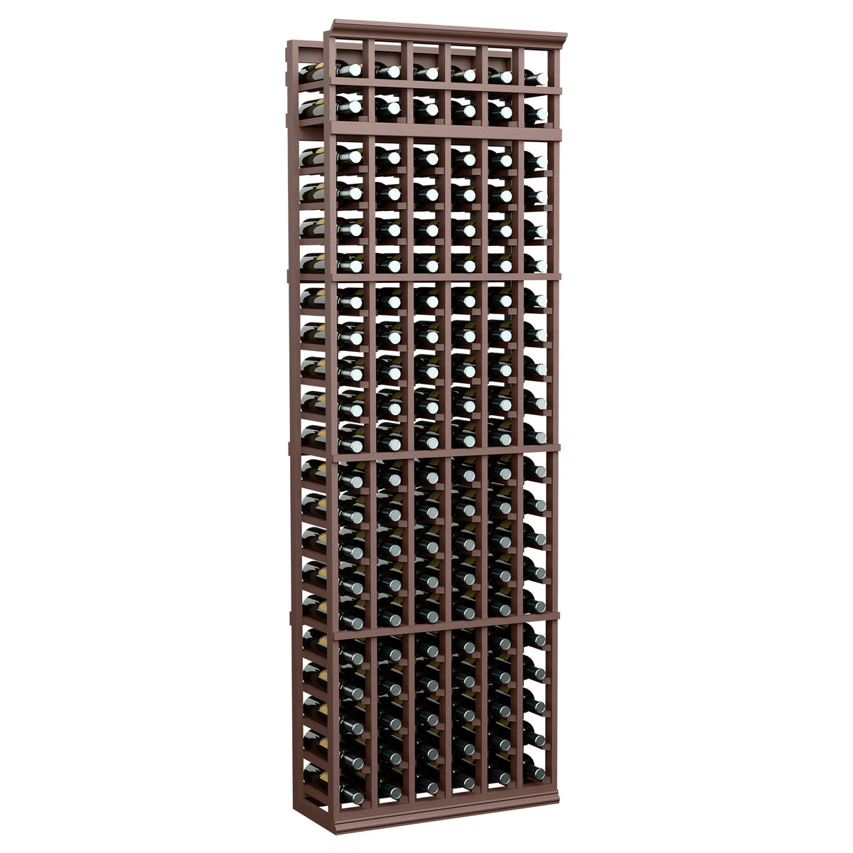 Wood wine bottle rack, 6-column 7ft, dark brown frame with bottle slots