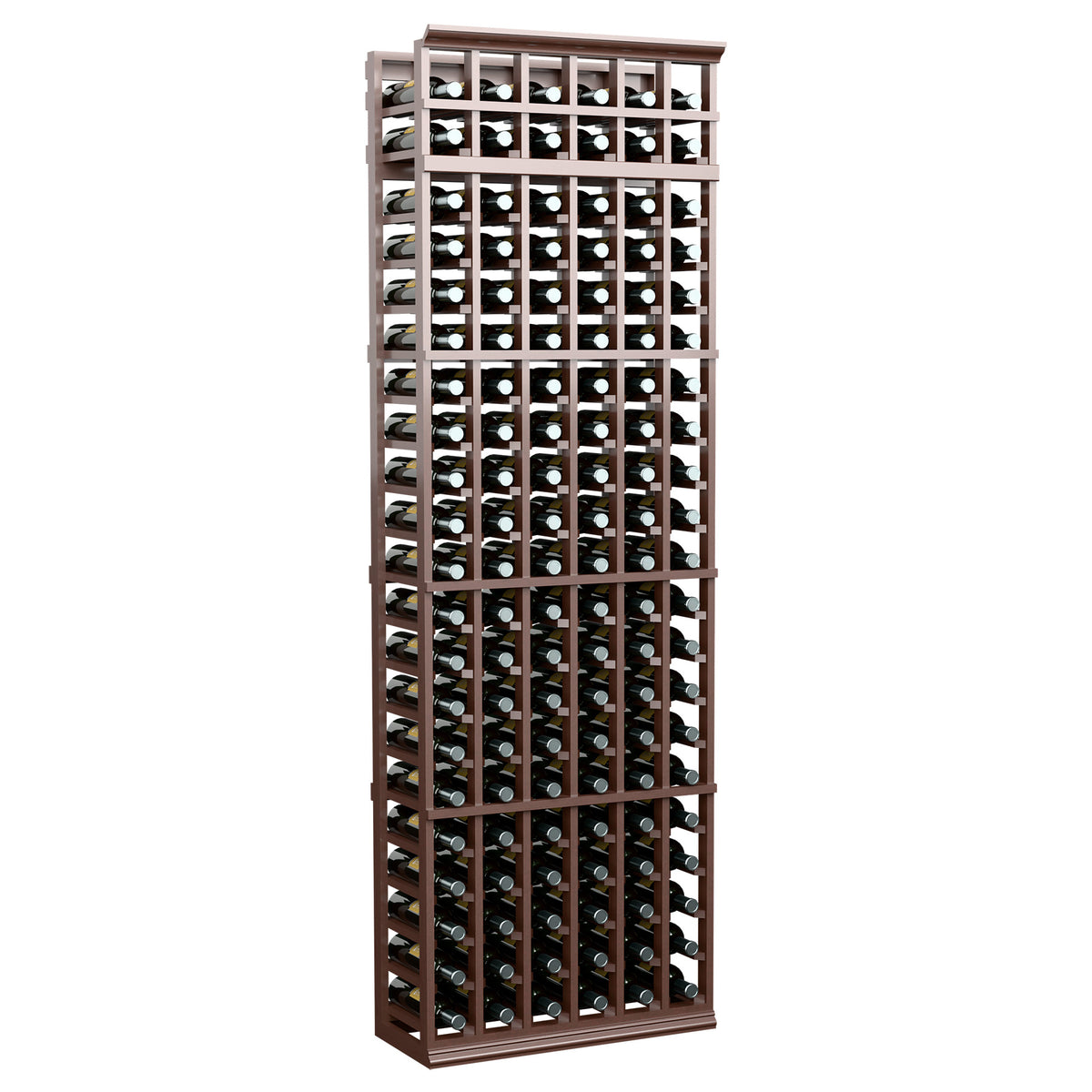 6-column 7ft wine rack with dark wood lattice and multiple bottle compartments