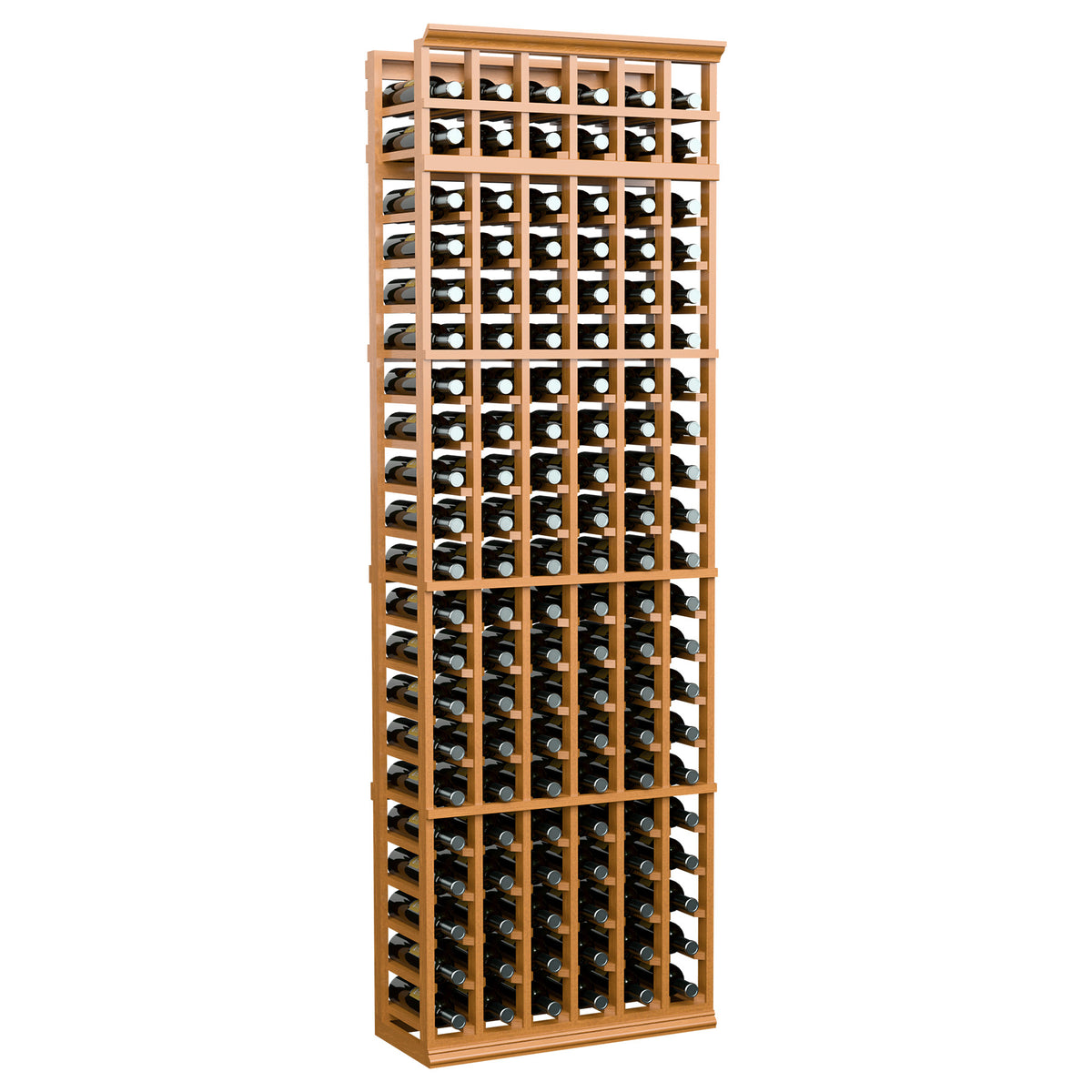 6-column 7ft wine rack with natural wood lattice holding bottles in rows