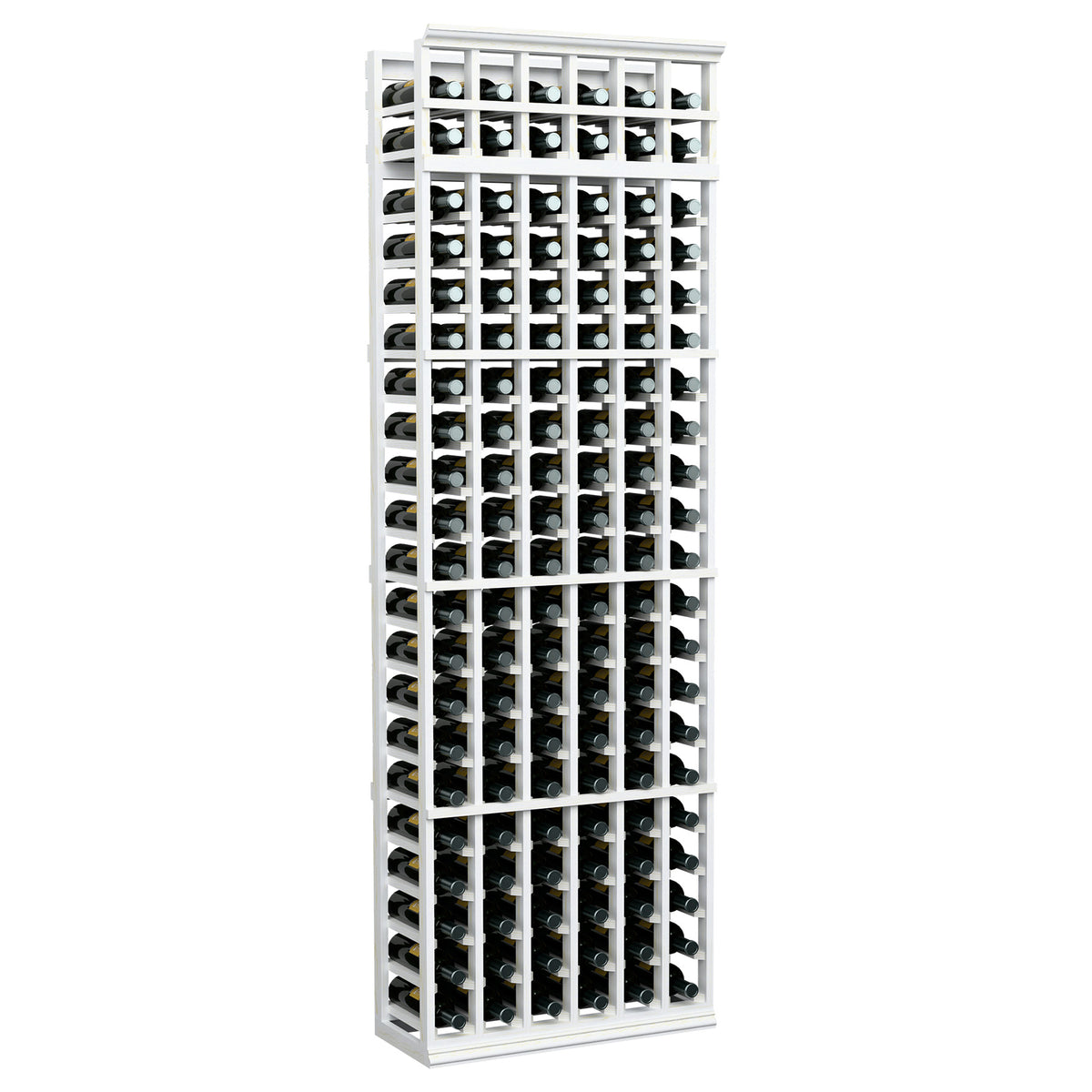 White wine bottle rack, 6-column 7ft, white frame with stacked bottle compartments