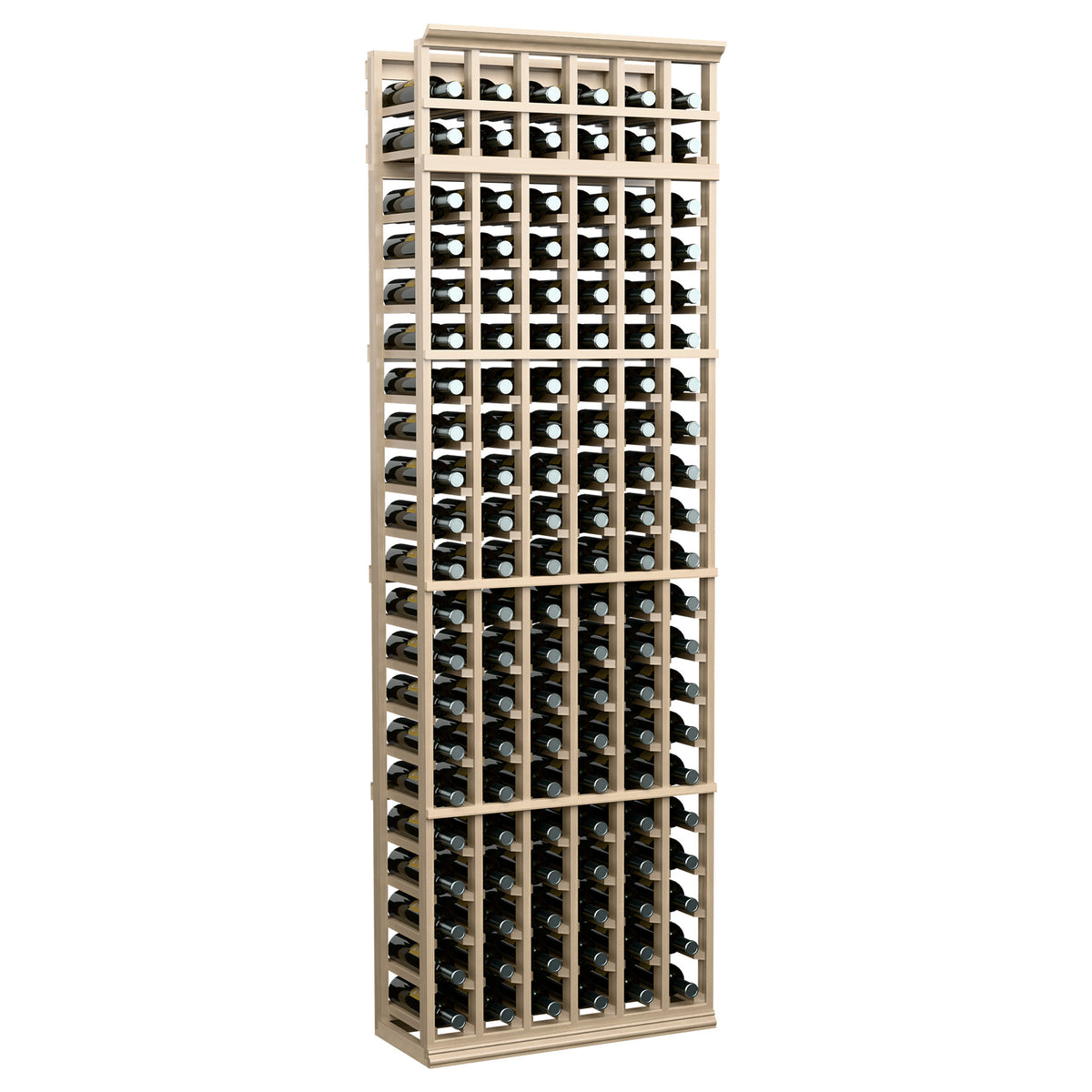 6-column wine bottle rack, 7ft tall, pale wood frame with many bottle openings