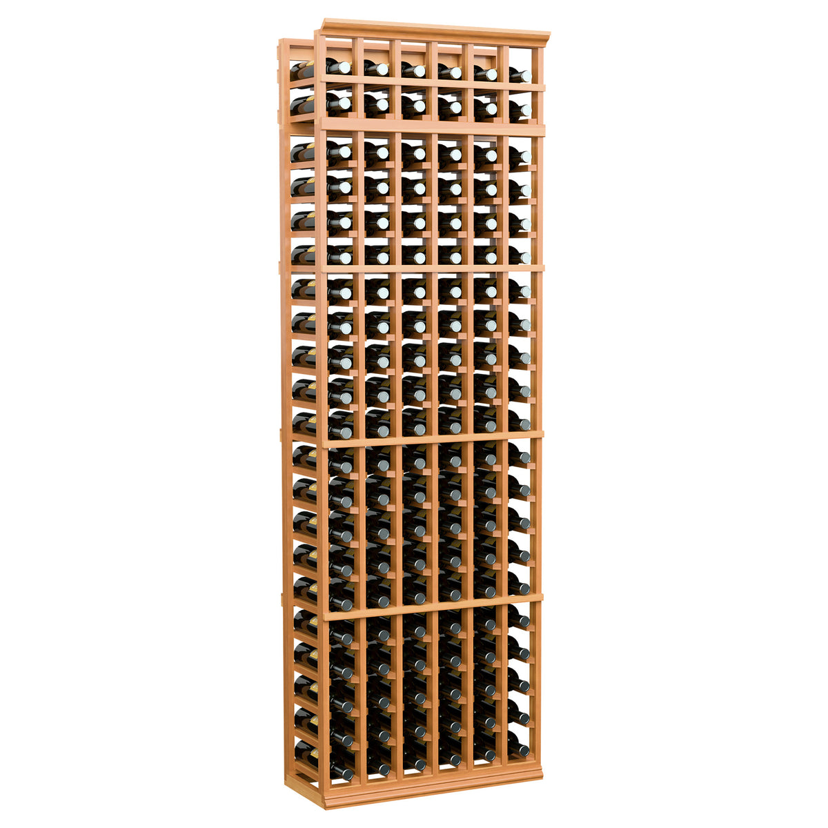 6-column wine bottle rack, 7ft tall, reddish wood frame with grid bottle holders