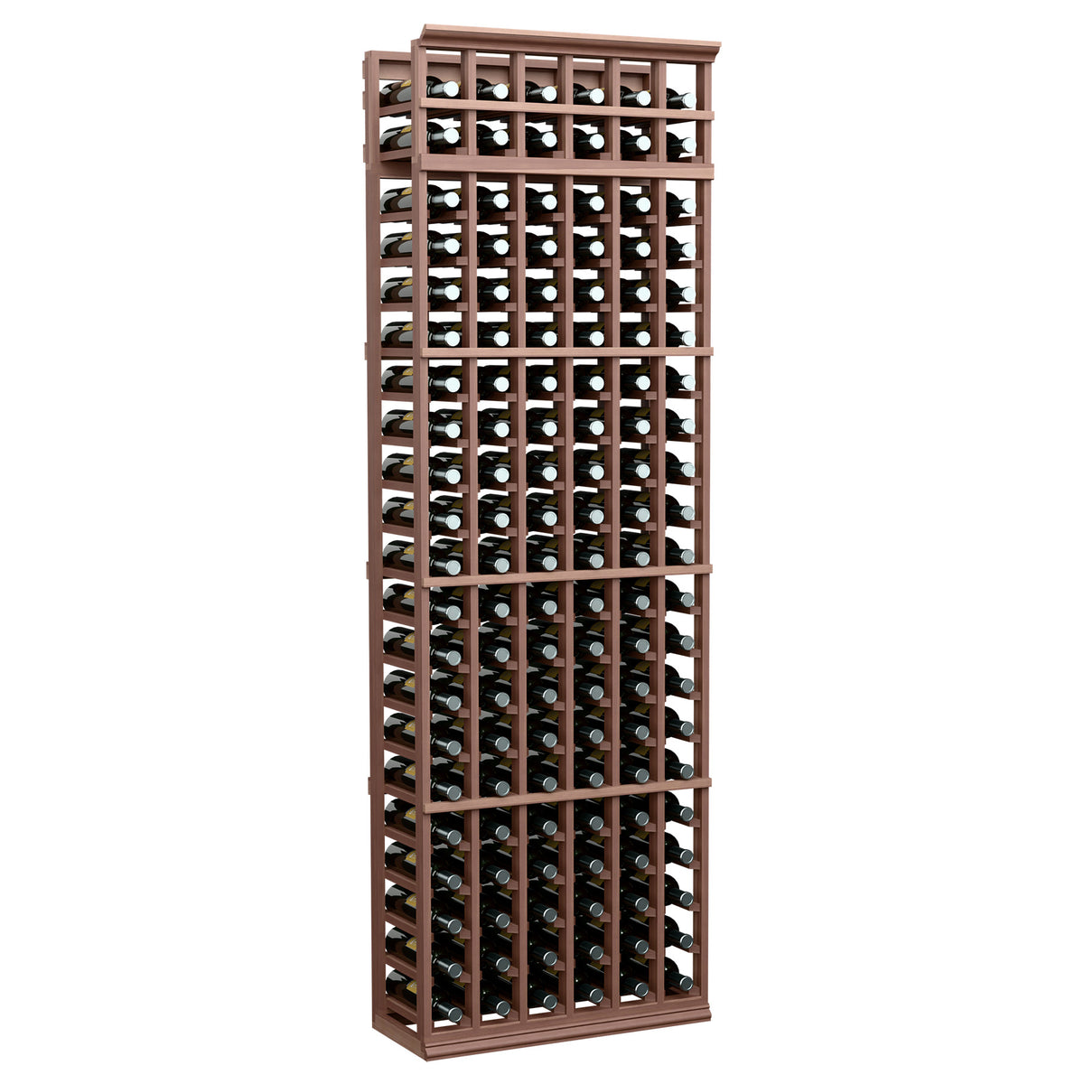 6-column wine bottle rack, 7ft tall, dark brown wood frame with bottle openings