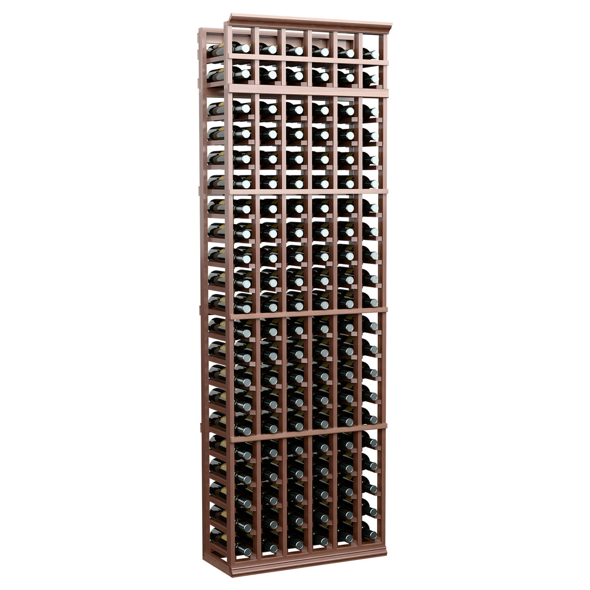 6-column wine bottle rack, 7ft tall, espresso-toned wood frame with bottle slots