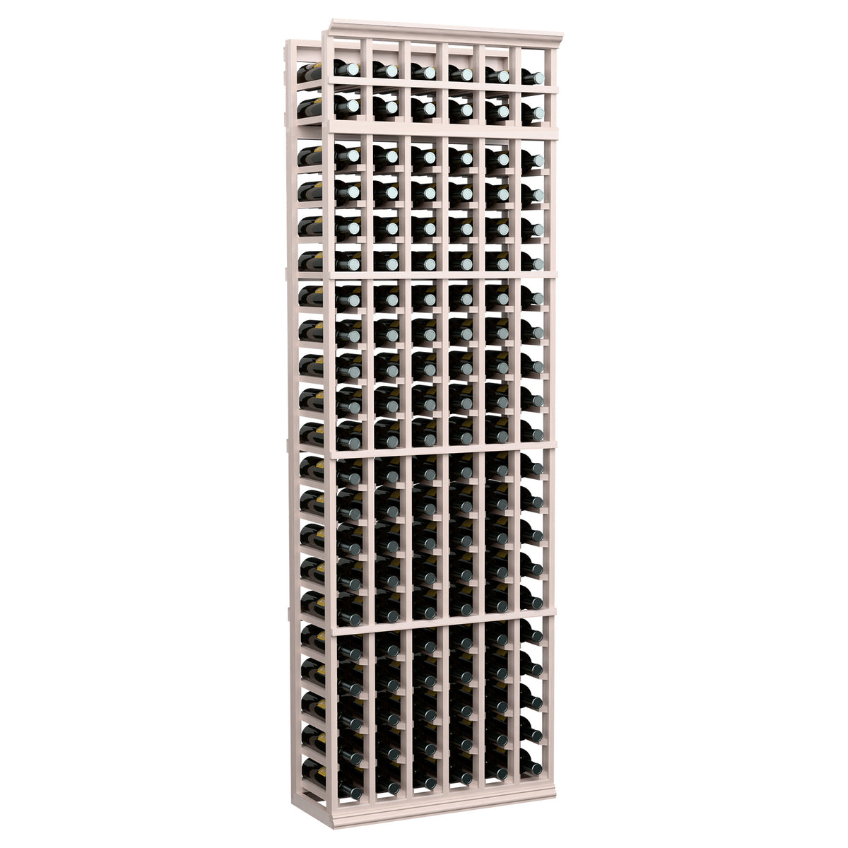 6-column wine bottle rack, 7ft tall, whitewash finish wood frame with bottle slots