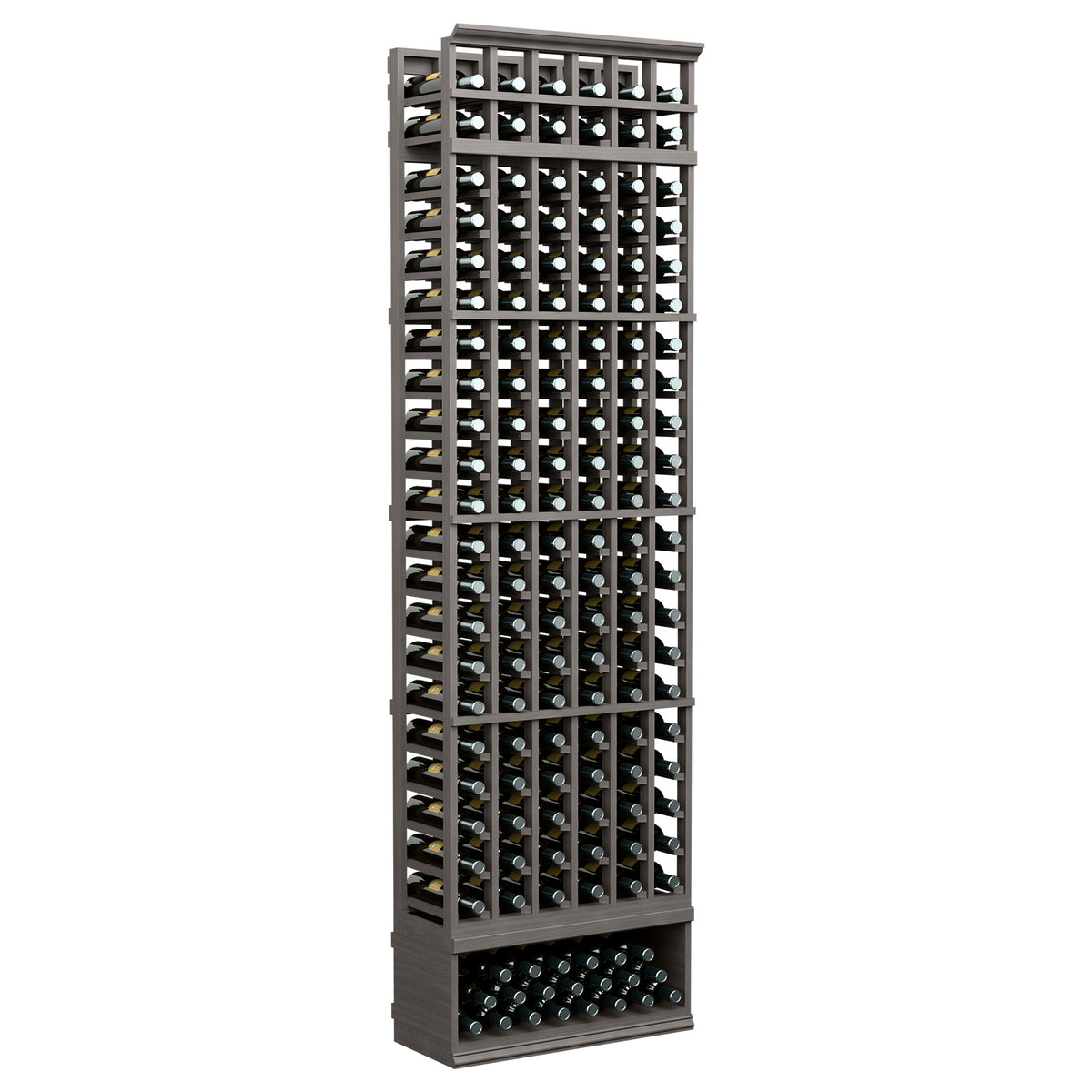 6-column wine bottle rack, black frame with bottle slots, 8 ft tall