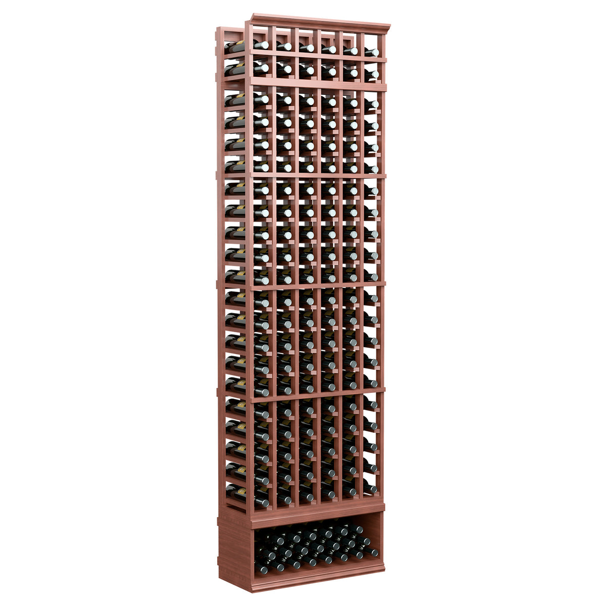 6-column wine bottle rack, warm wood frame with bottle slots, front view, 8 ft