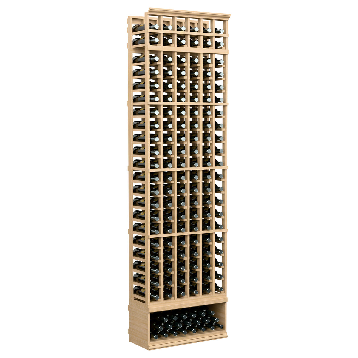 6-column wine bottle rack, light wood frame with bottle slots, 8 ft tall