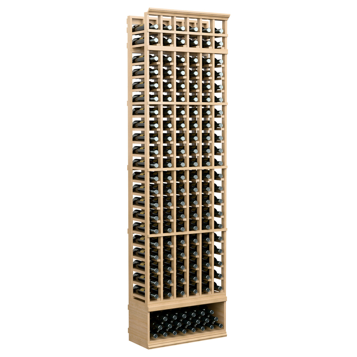 6-column wine bottle rack, light wood frame with bottle slots, front view, 8 ft