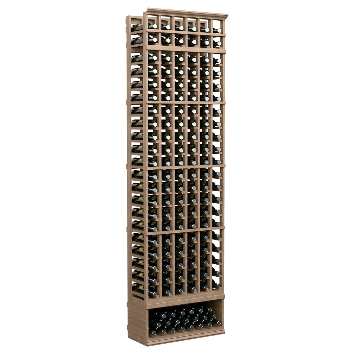 6-column wine bottle rack, light wood frame with bottle slots, 8 ft tall