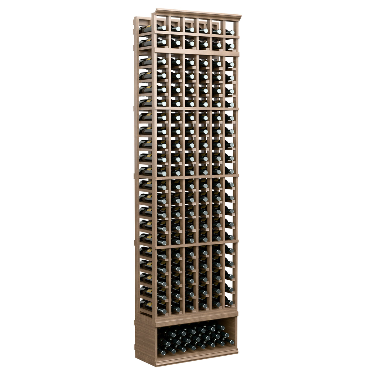 6-column wine bottle rack, medium-light wood frame with bottle slots, 8 ft