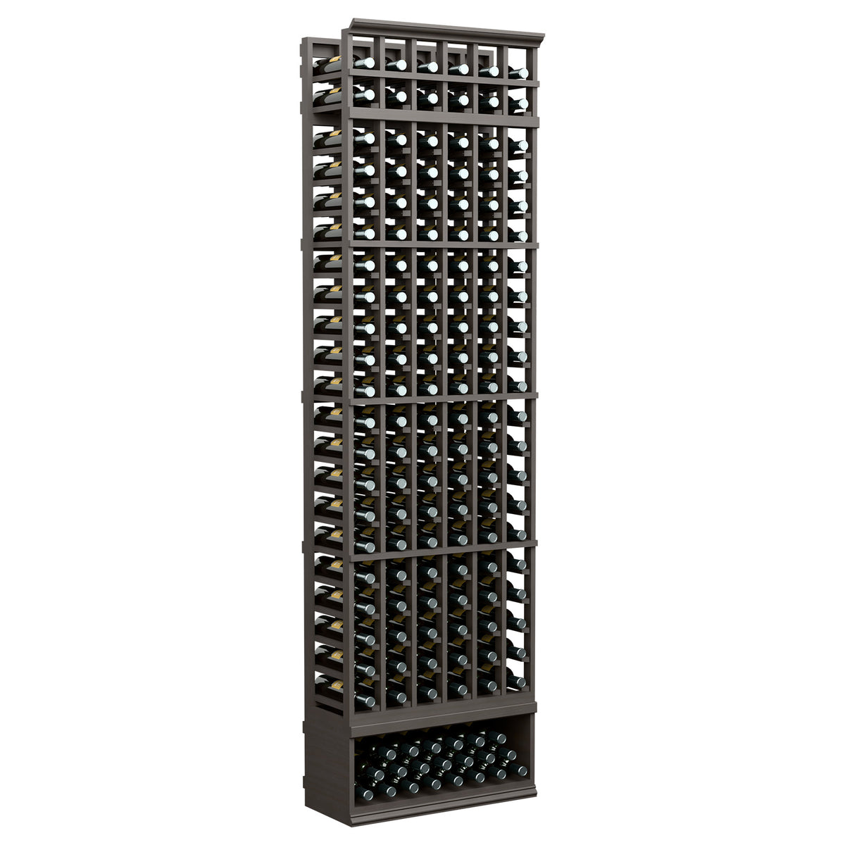 6-column wine bottle rack, dark frame with bottle slots, 8 ft tall