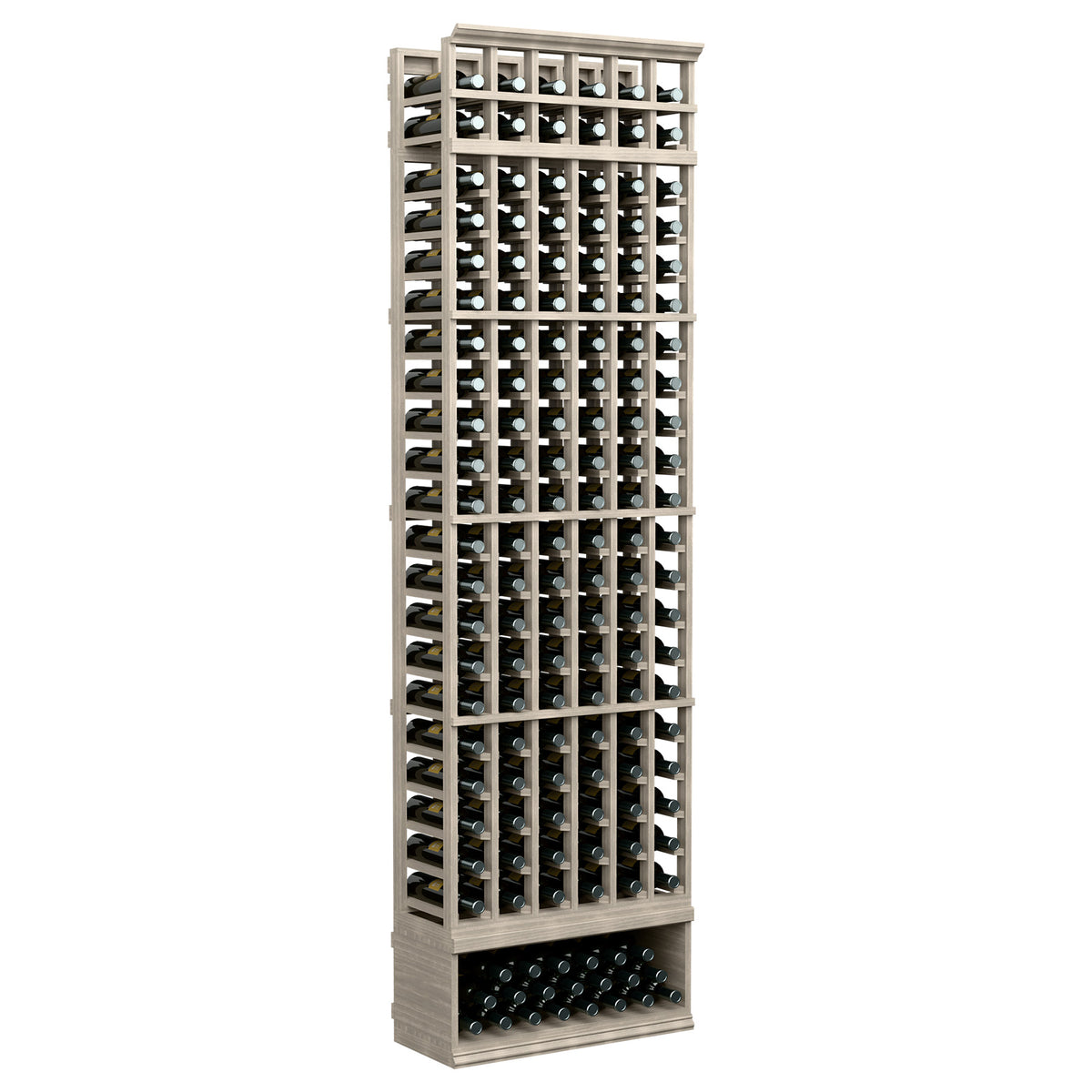 8ft 6-column wine bottle rack with open grid shelves, dark supports, light gray wood