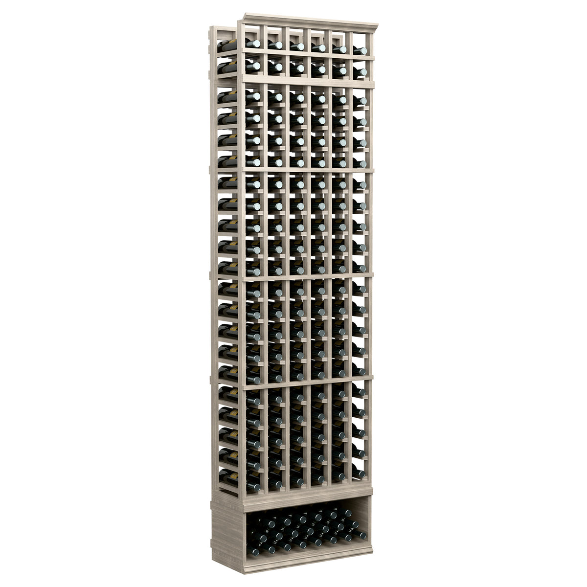 8ft 6-column wine bottle rack with front grid openings, dark metal details, pale wood