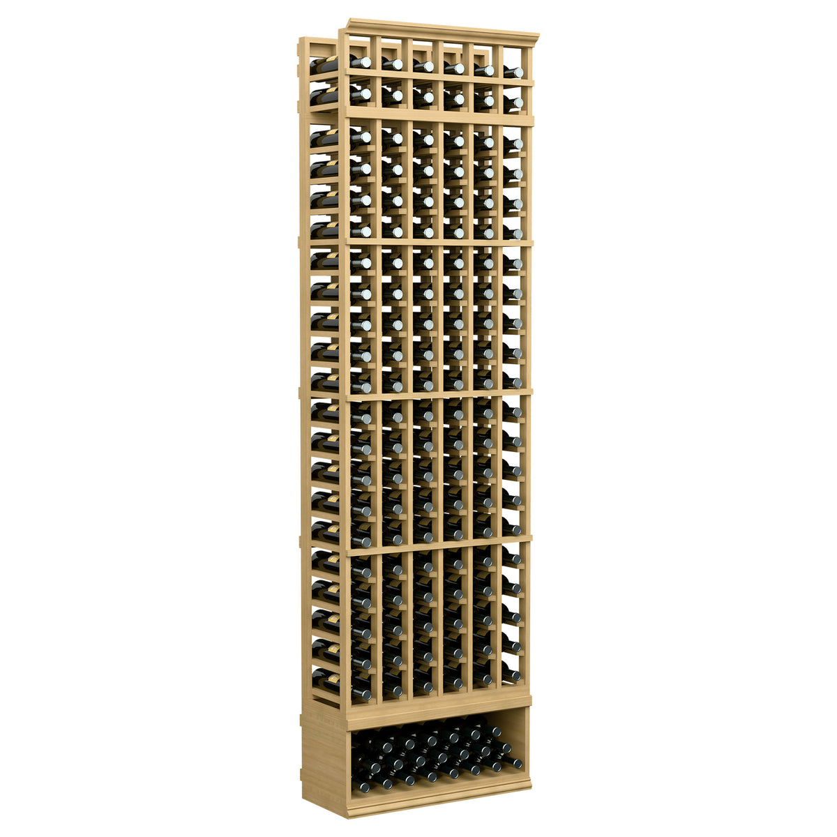 8ft 6-column wine bottle rack with open grid shelves, dark supports, natural tan wood