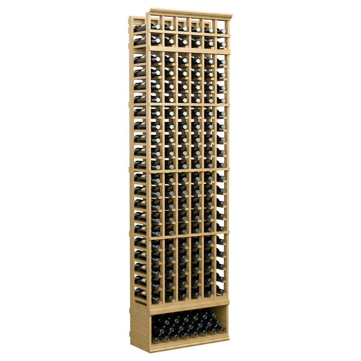 8ft 6-column wine bottle rack with front wine slots, dark metal supports, light tan frame