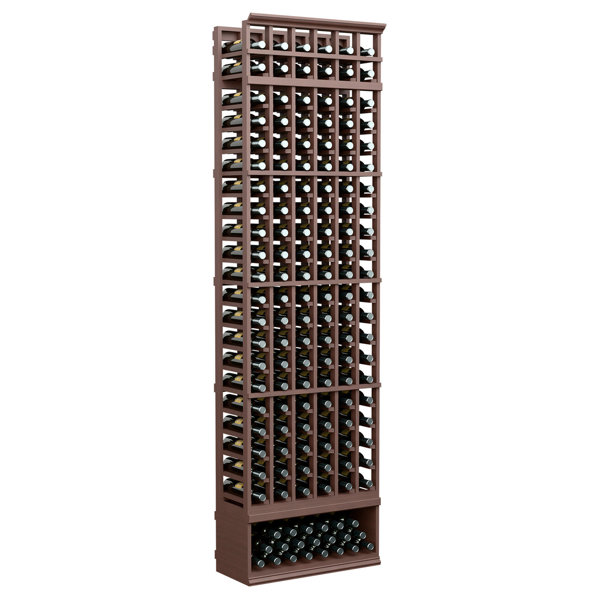 8ft 6-column wine bottle rack with open grid shelves, dark supports, rich brown wood