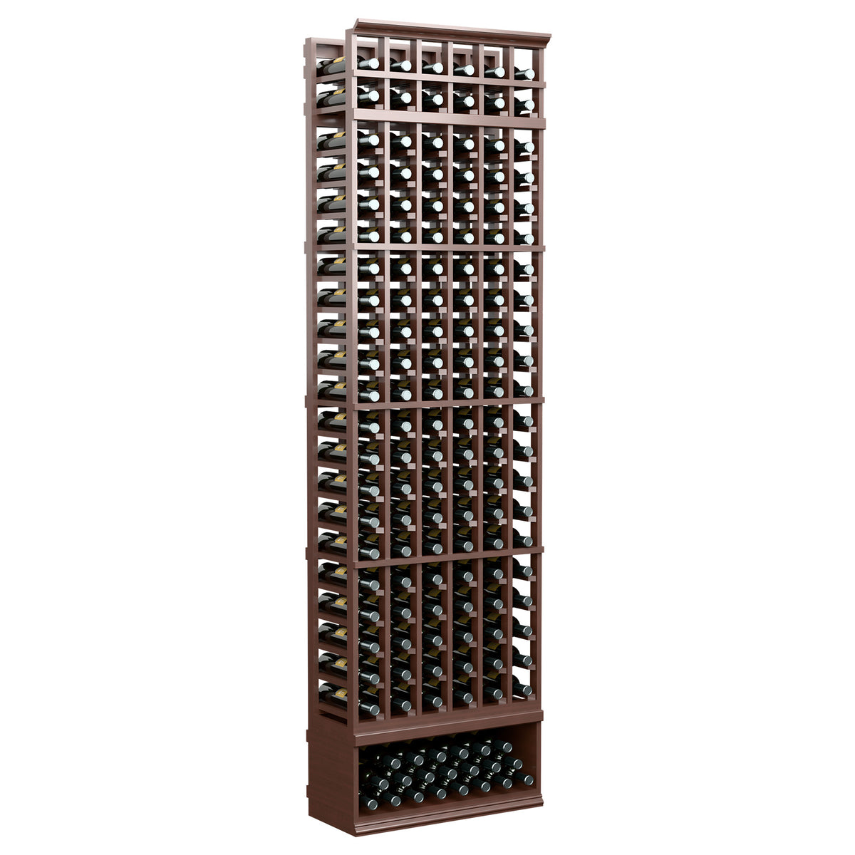 8ft 6-column wine bottle rack with front grid compartments, dark metal details, espresso-brown