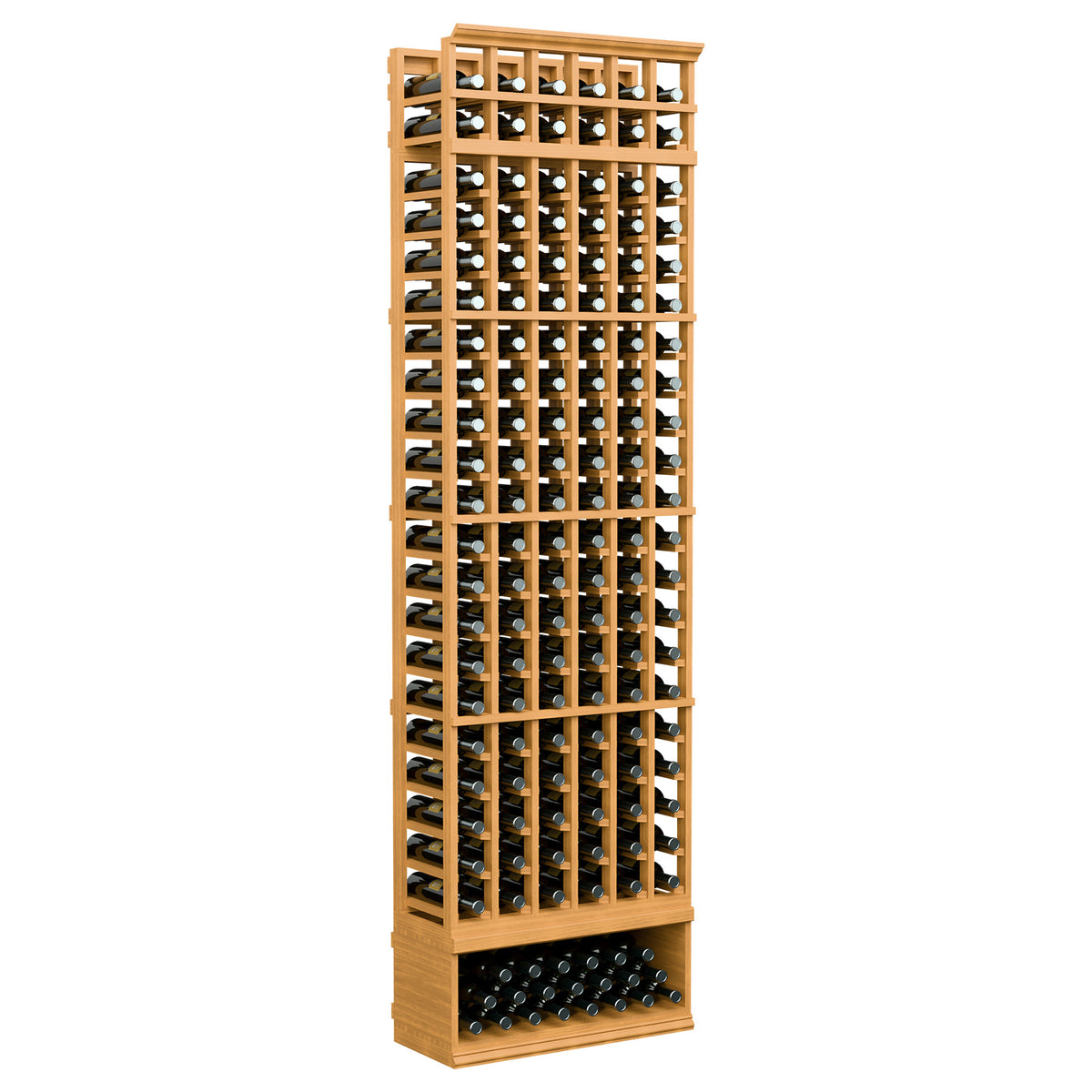 8ft 6-column wine bottle rack with open grid shelves, dark supports, golden wood finish