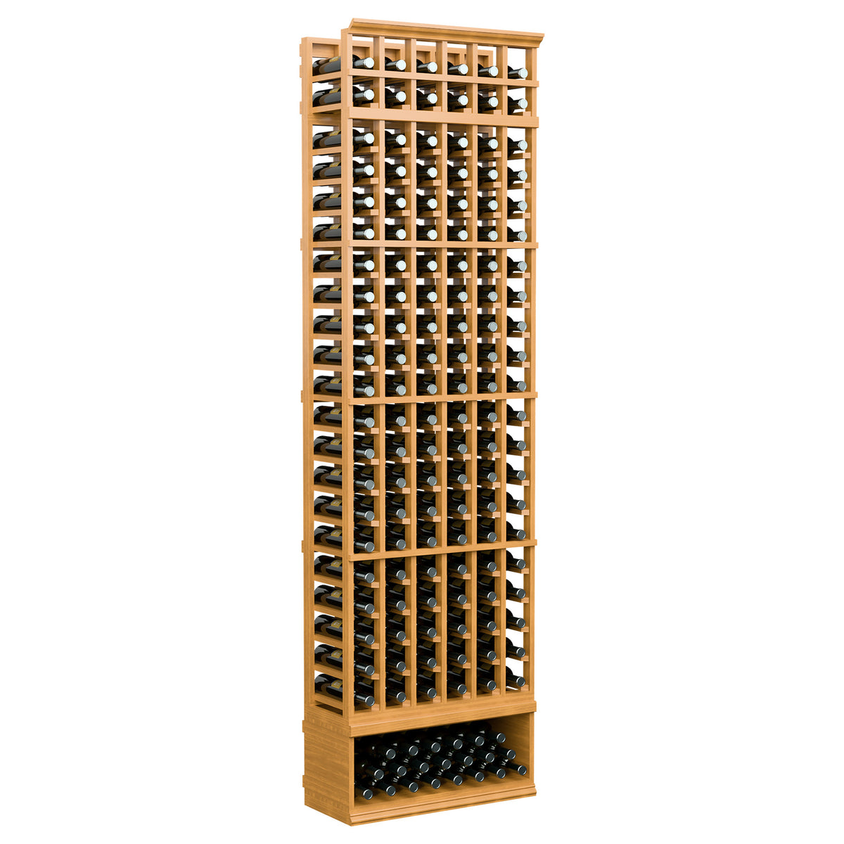 8ft 6-column wine bottle rack with front wine slots, dark metal supports, honey-colored wood