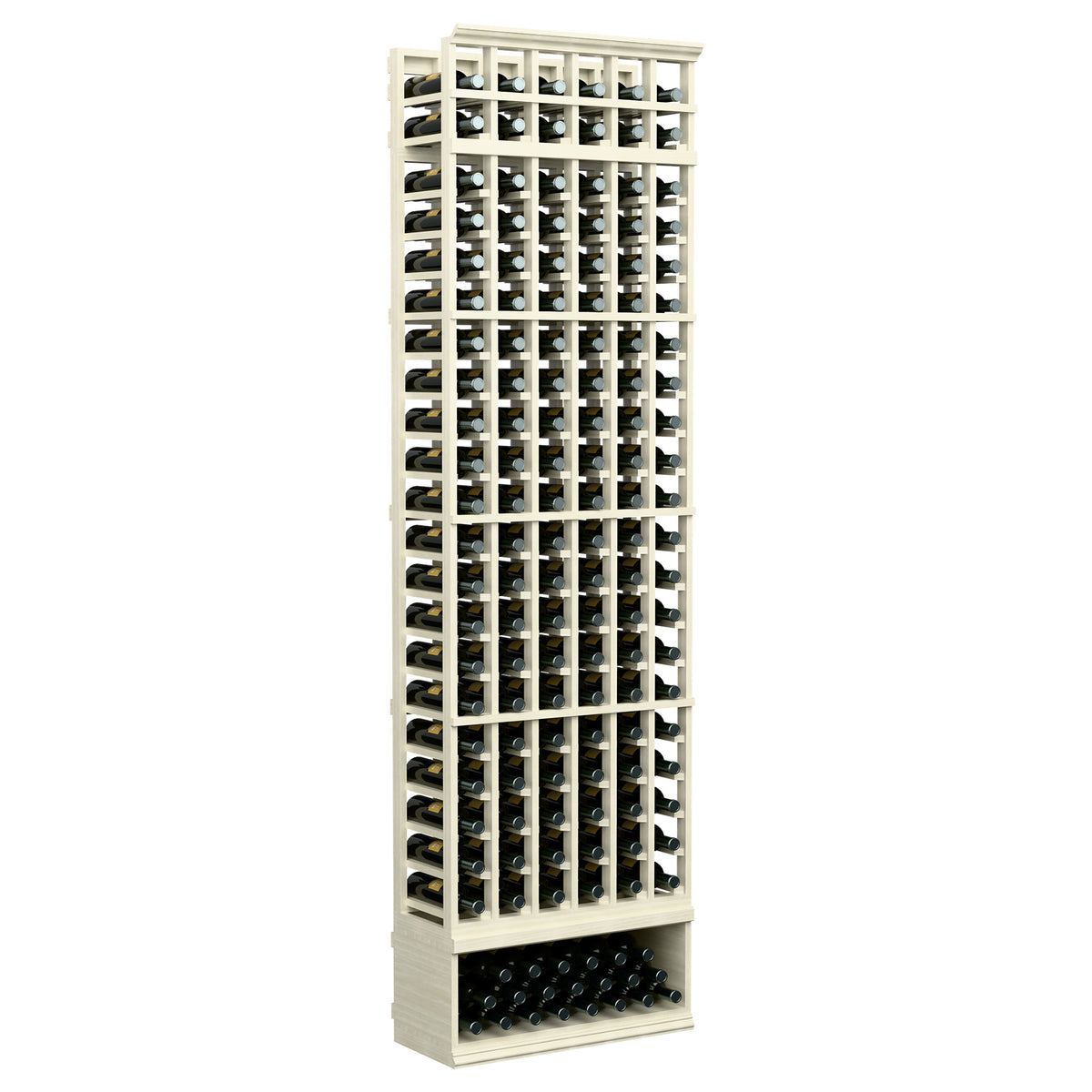 8ft 6-column wine bottle rack with front grid compartments, dark metal details, pale white wood