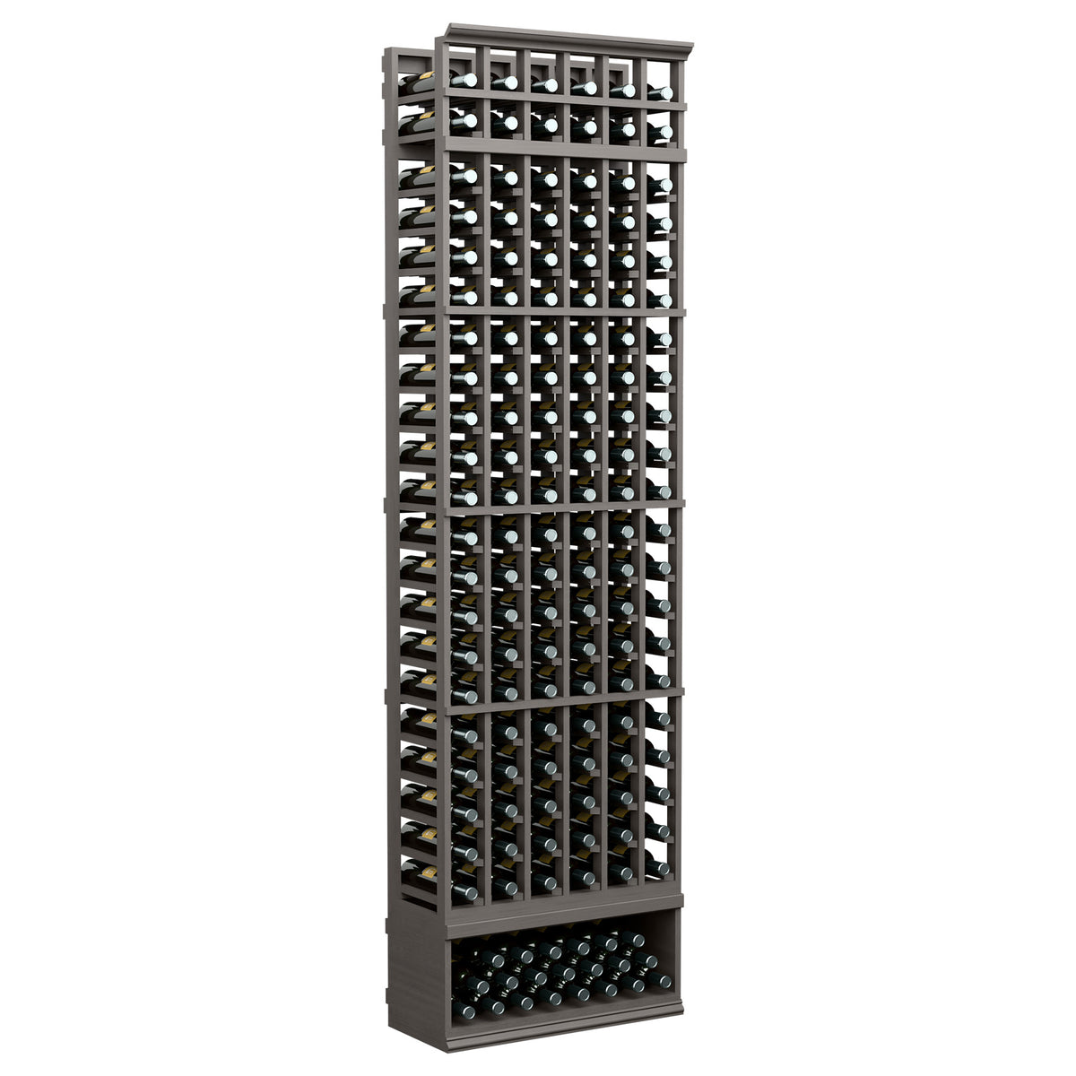 6-column wine bottle rack, 8 ft, black frame with wine bottles in rows