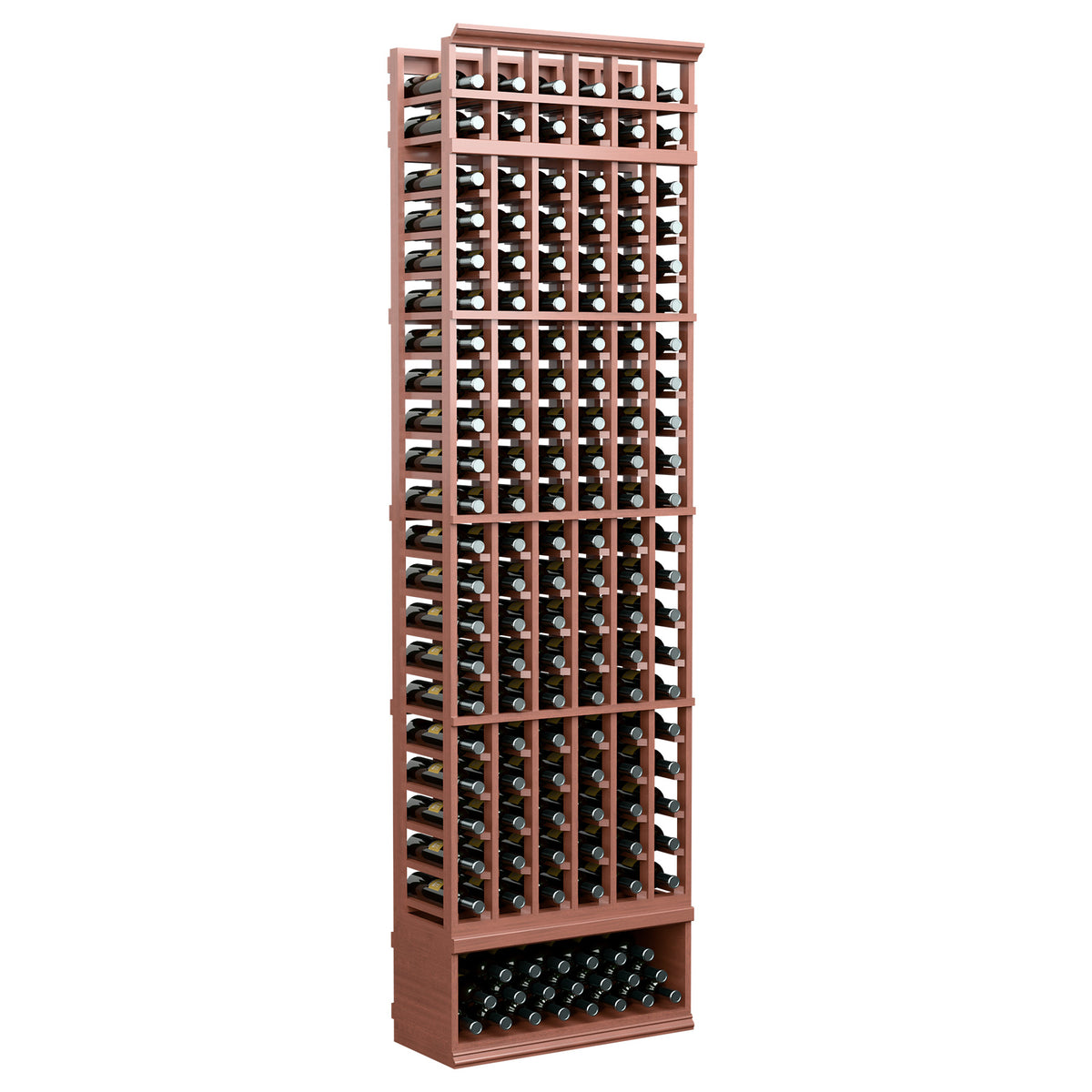 6-column wine bottle rack, 8 ft, warm brown wood frame with wine bottles