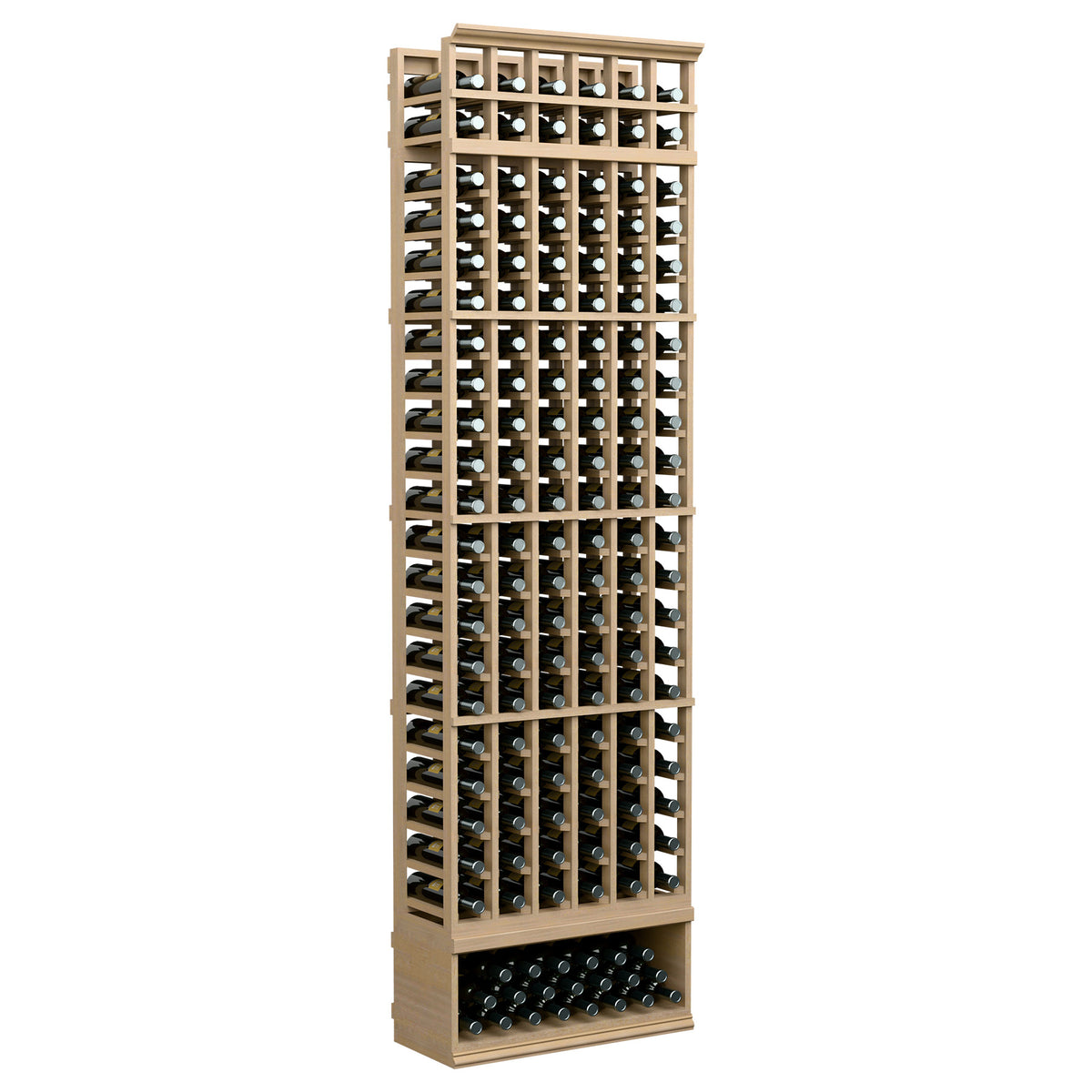 6-column wine bottle rack, 8 ft, light wood frame with wine bottles