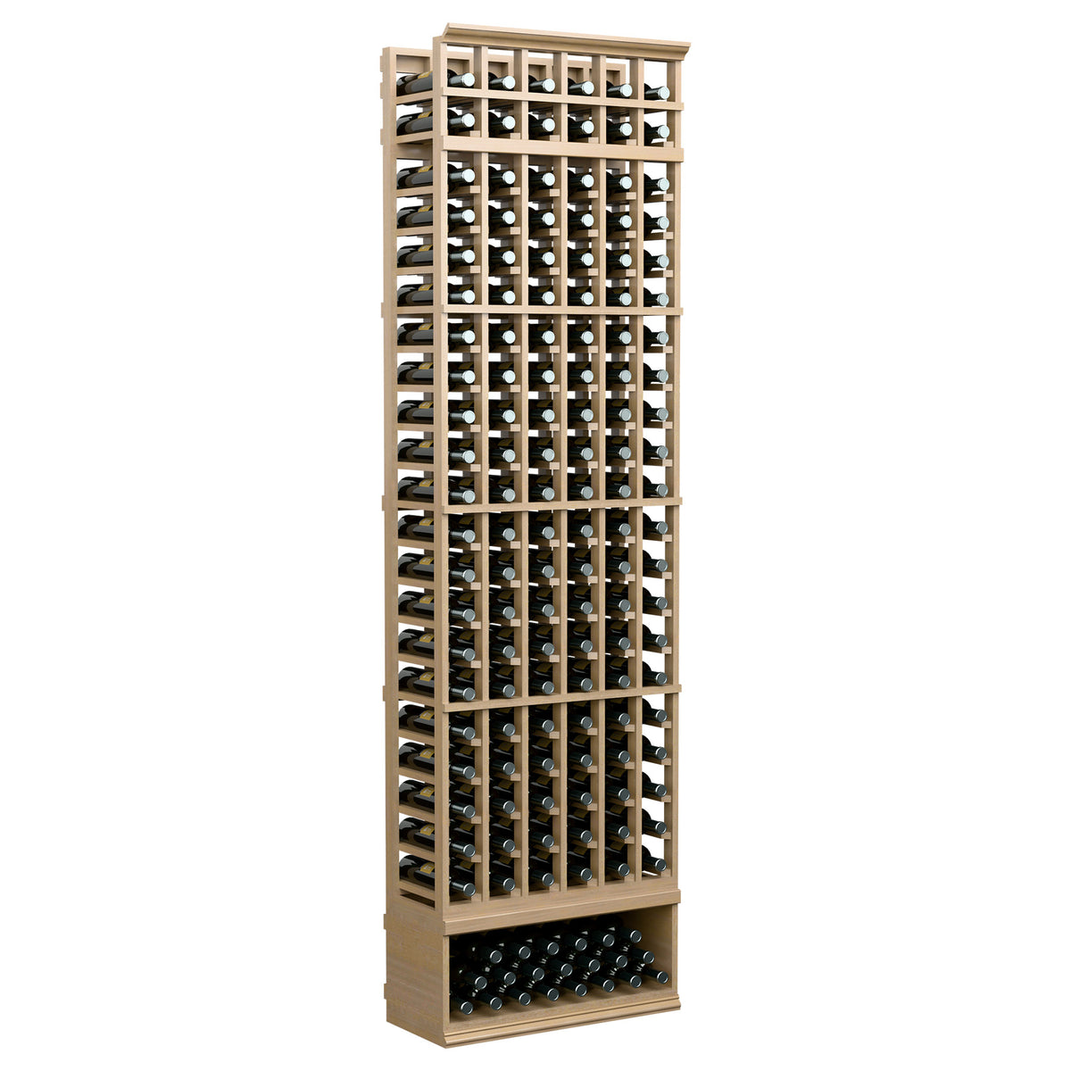 6-column wine bottle rack, 8 ft, pale wood frame with rows of wine bottles