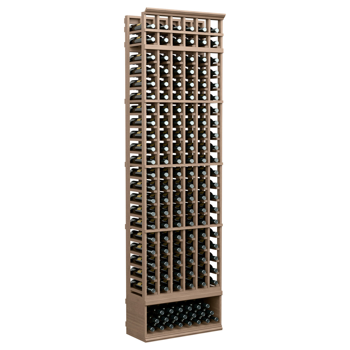 6-column wine bottle rack, 8 ft, beige wood frame with wine bottles in columns