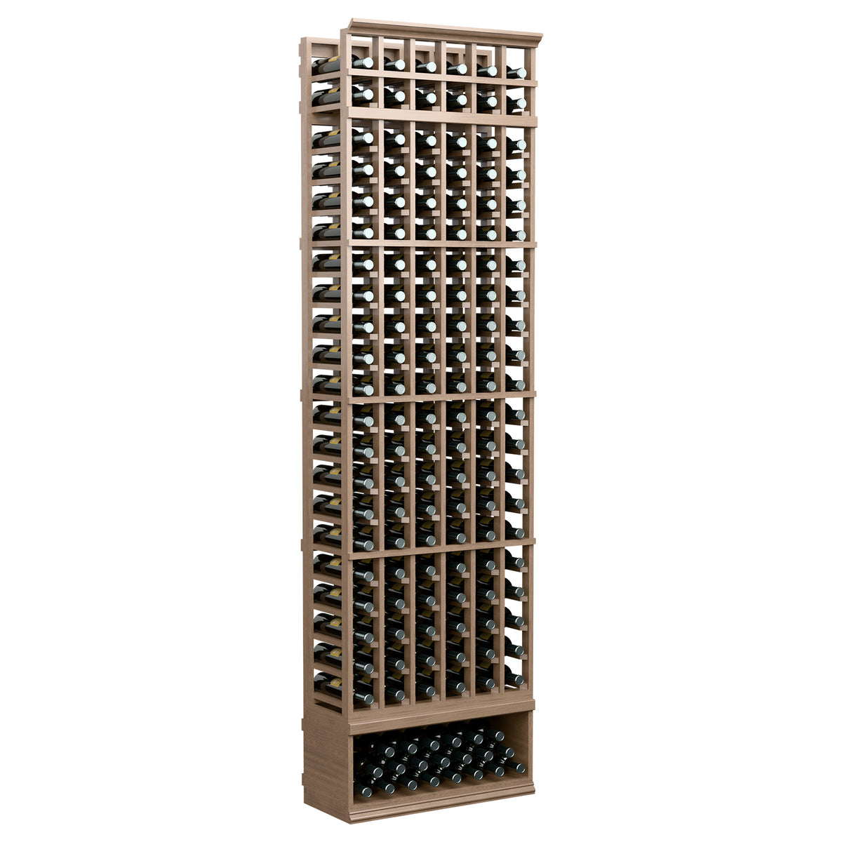 6-column wine bottle rack, 8 ft, tan wood frame with wine bottles in rows