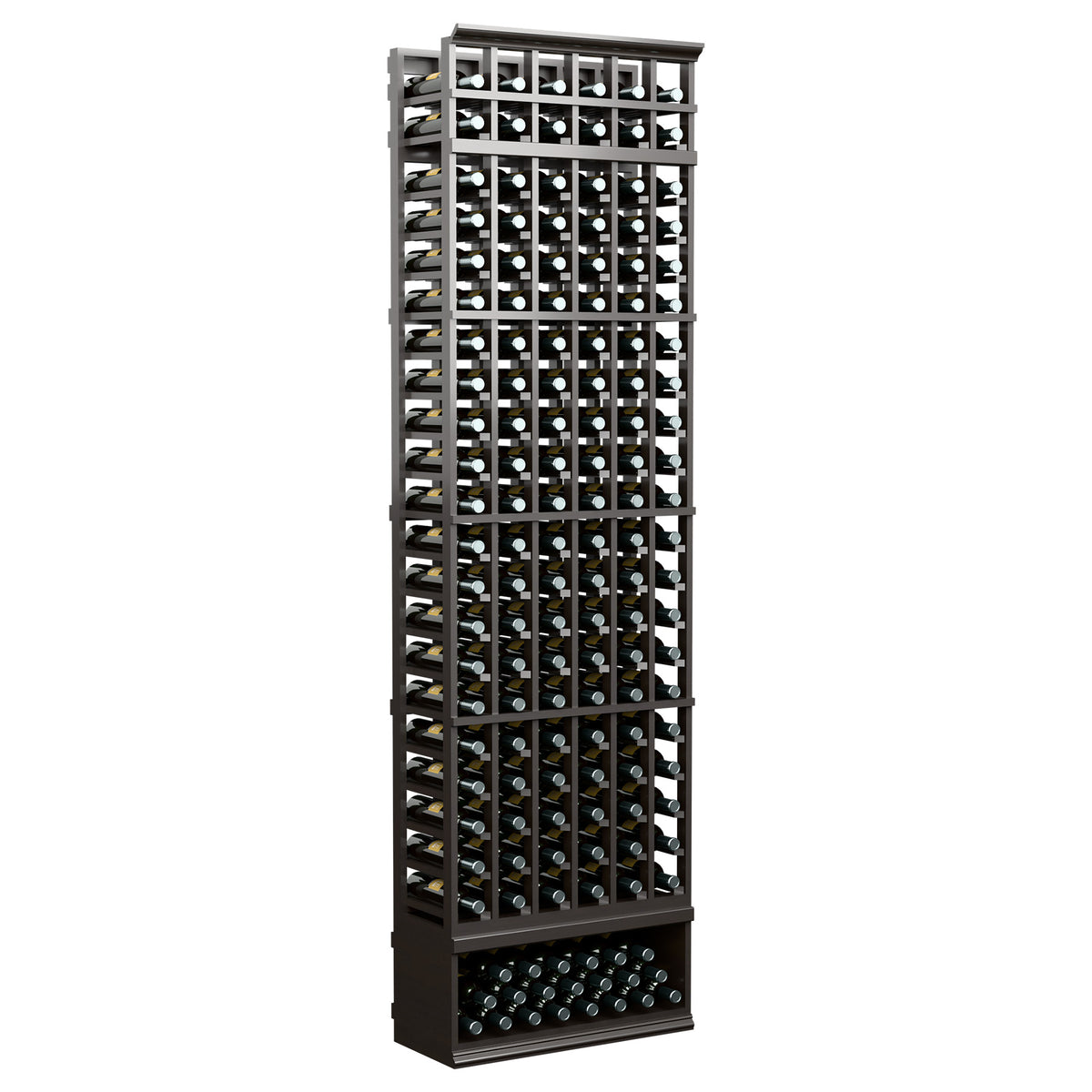 6-column wine bottle rack, 8 ft, charcoal black frame with wine bottles