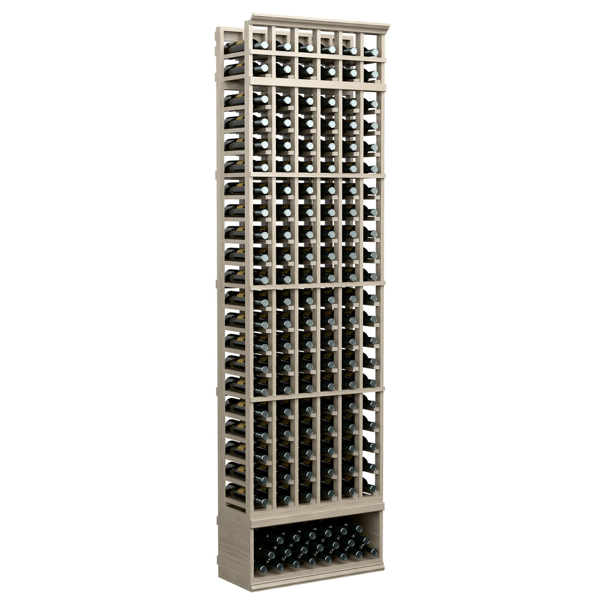 6-column wine bottle rack, 8 ft, light wood frame with bottle row compartments