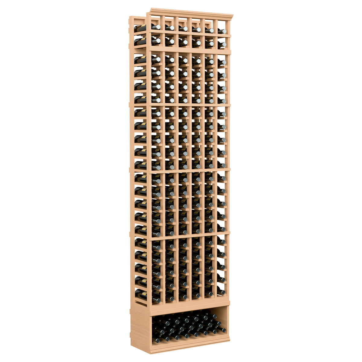 6-column wine bottle rack, 8 ft, natural-toned wood with bottle storage grid
