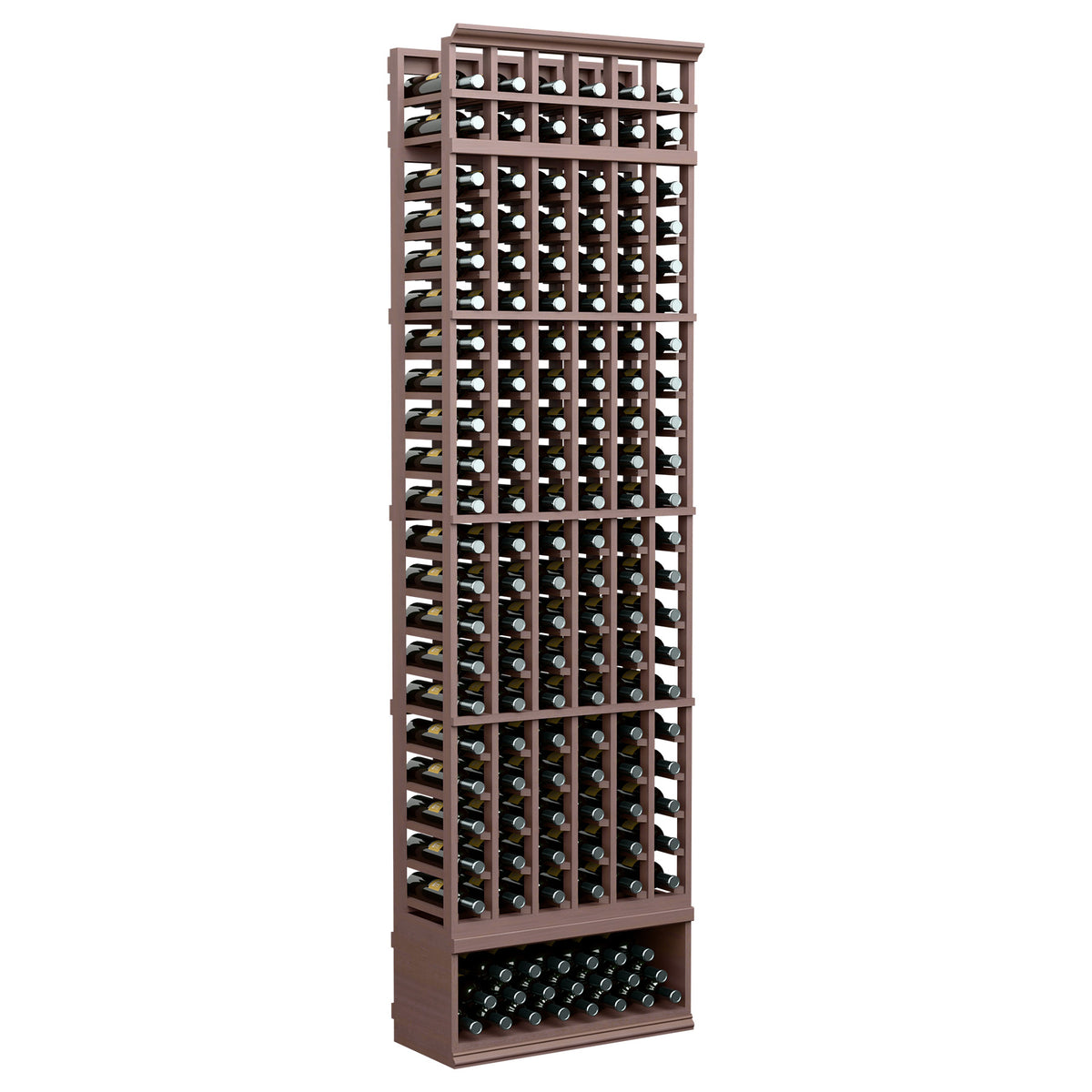 6-column wine bottle rack, 8 ft, dark stained wood with bottle storage grid