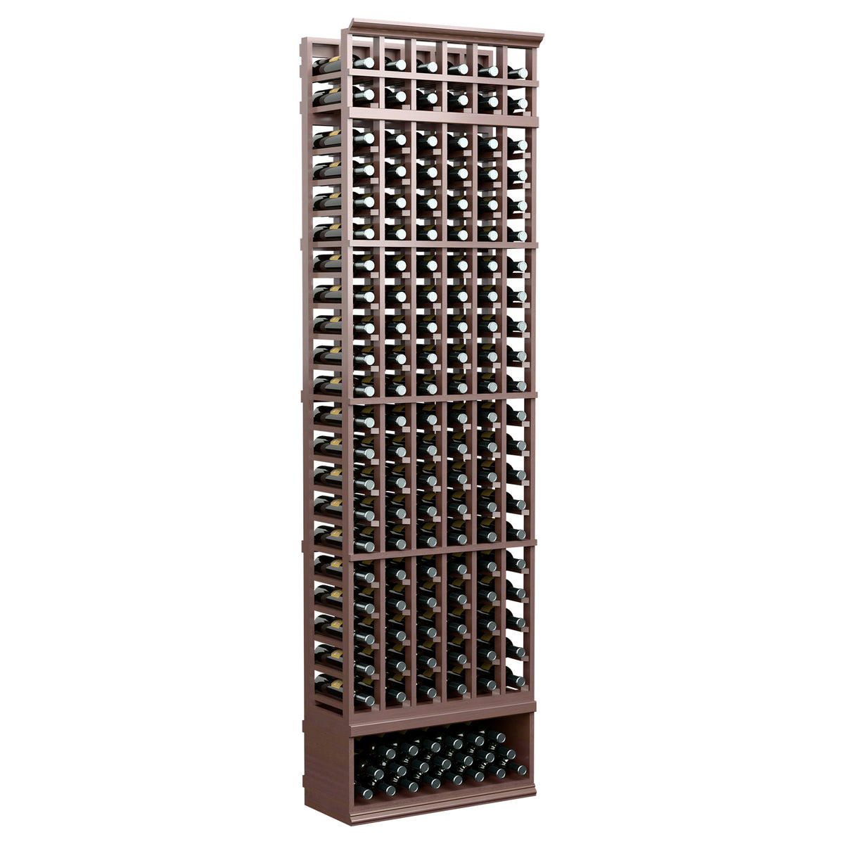 6-column wine bottle rack, 8 ft, dark wood frame with wine bottle compartments