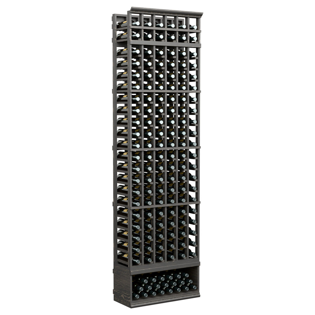 Dark 6-column wine bottle rack with open front bottle grid, 8 ft tall