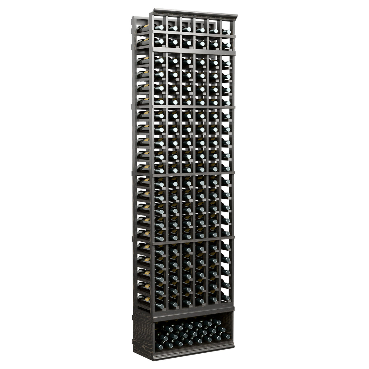 Dark wooden 6-column wine bottle rack with front bottle slots, 8 ft tall