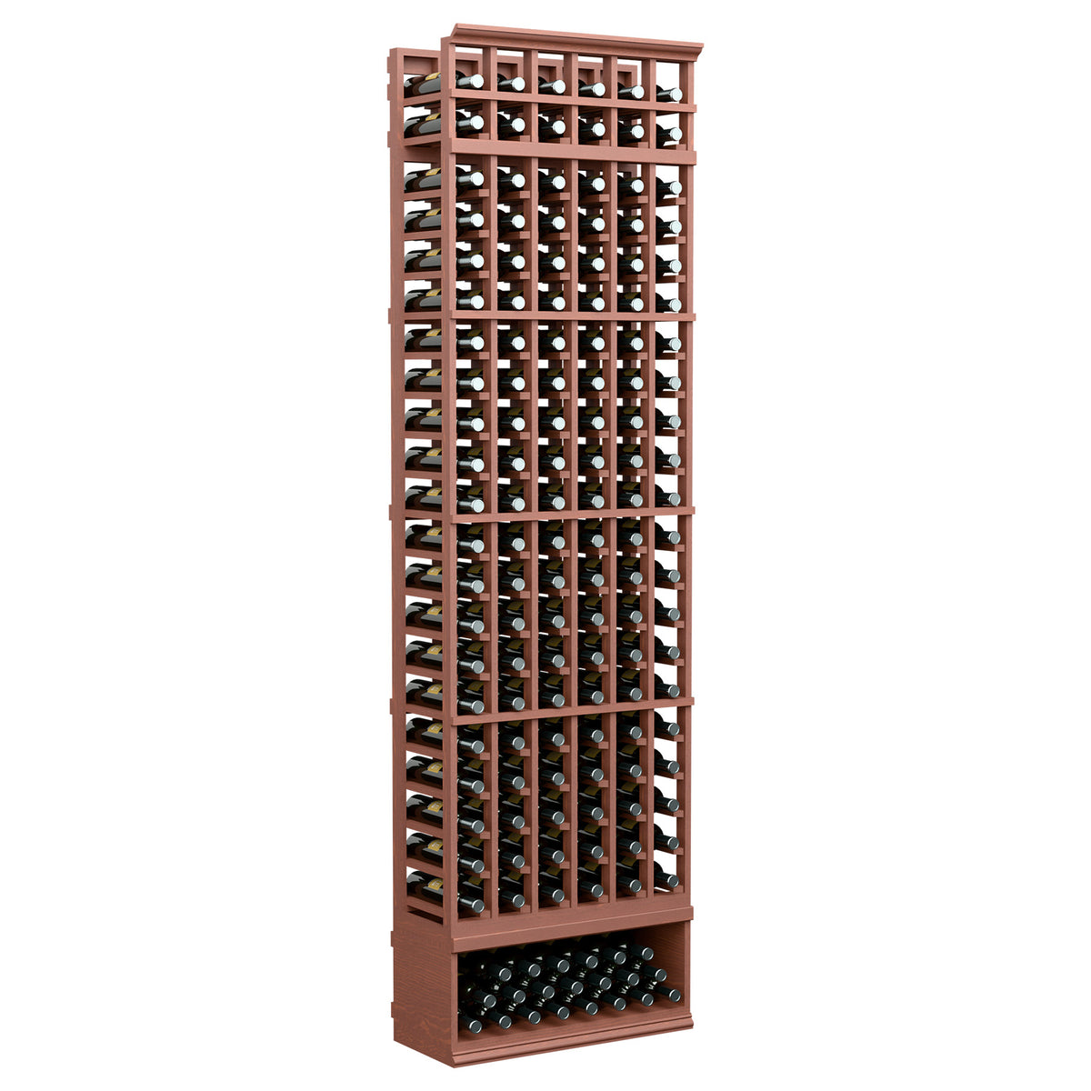 Reddish-brown 6-column wine bottle rack with open front bottle grid, 8 ft tall