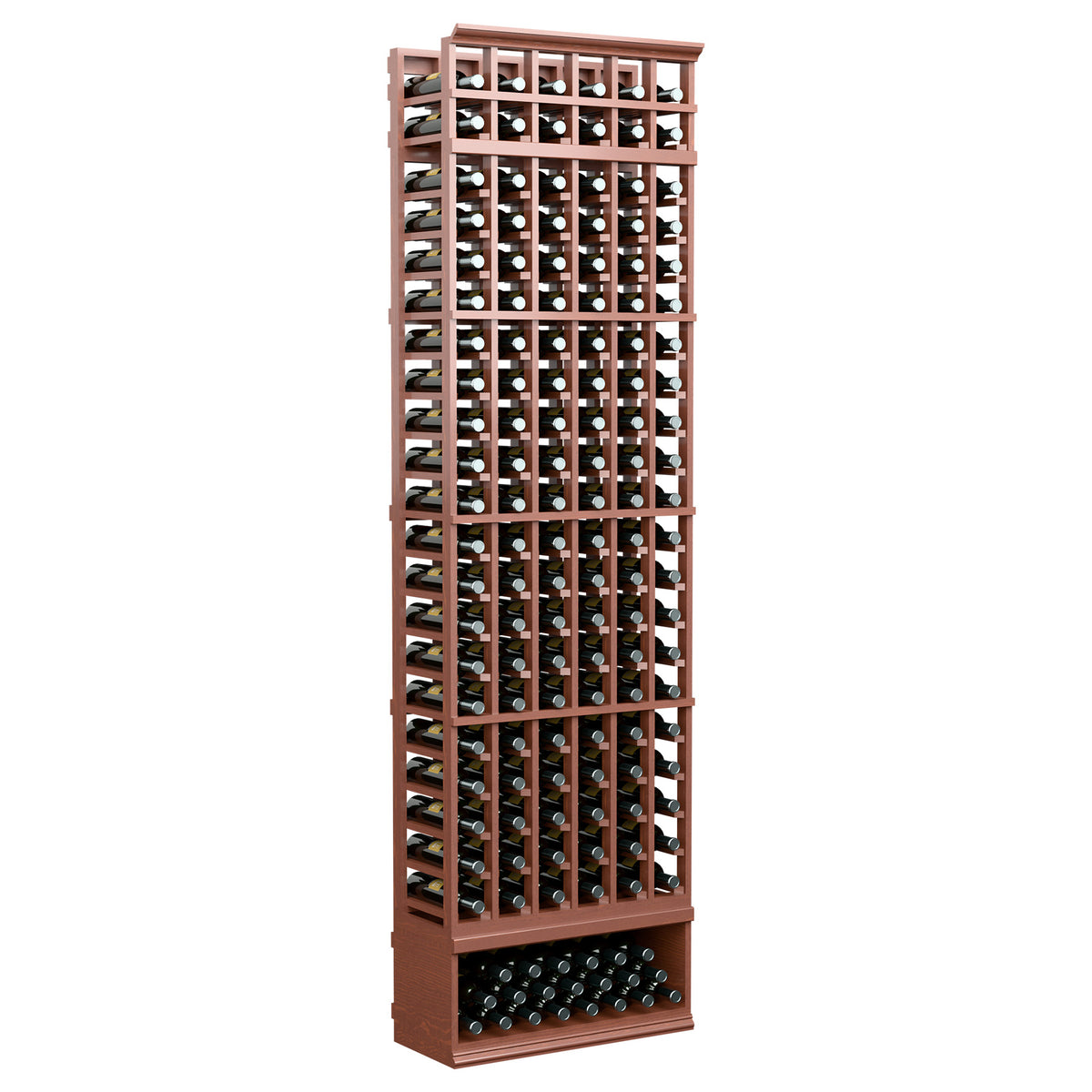 Reddish-brown wood 6-column wine bottle rack with front bottle compartments, 8 ft