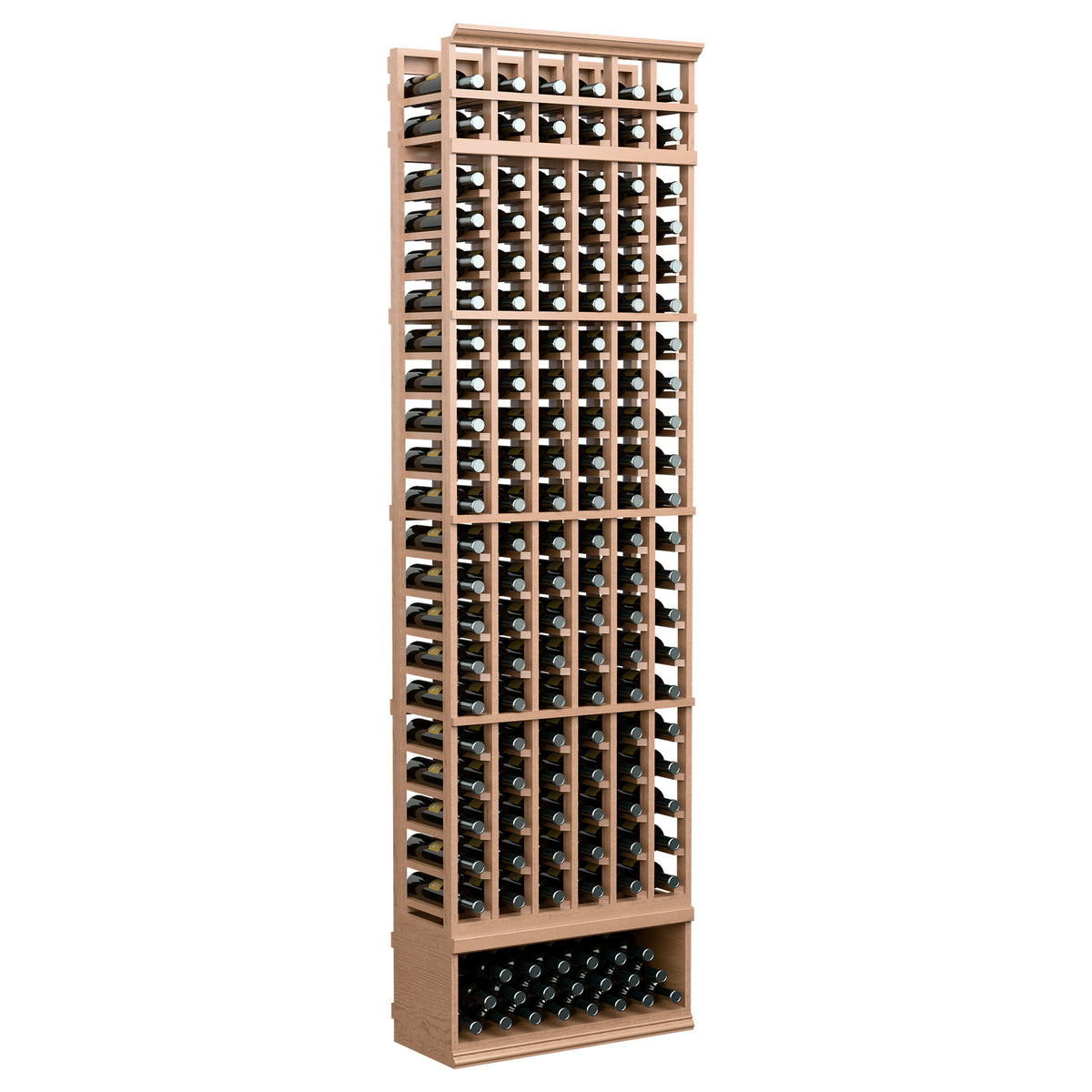 Light wood 6-column wine bottle rack with front bottle slots and grid, 8 ft tall