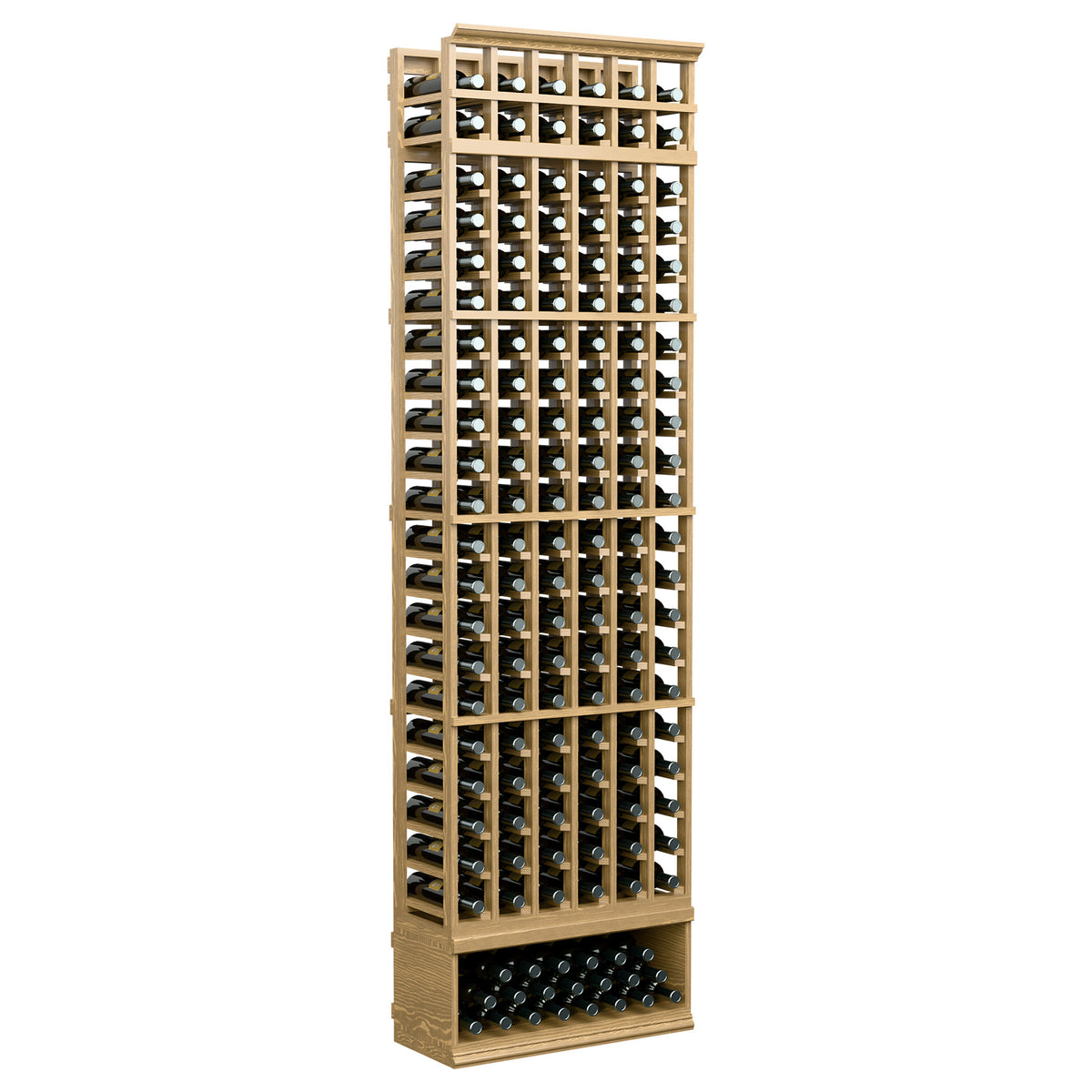 Light wood 6-column wine bottle rack with front bottle compartments, 8 ft tall