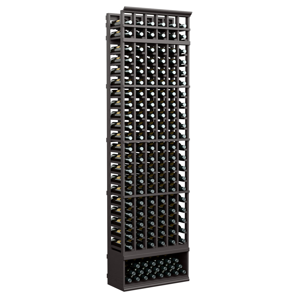 Charcoal 6-column wine bottle rack with open front bottle grid, 8 ft tall