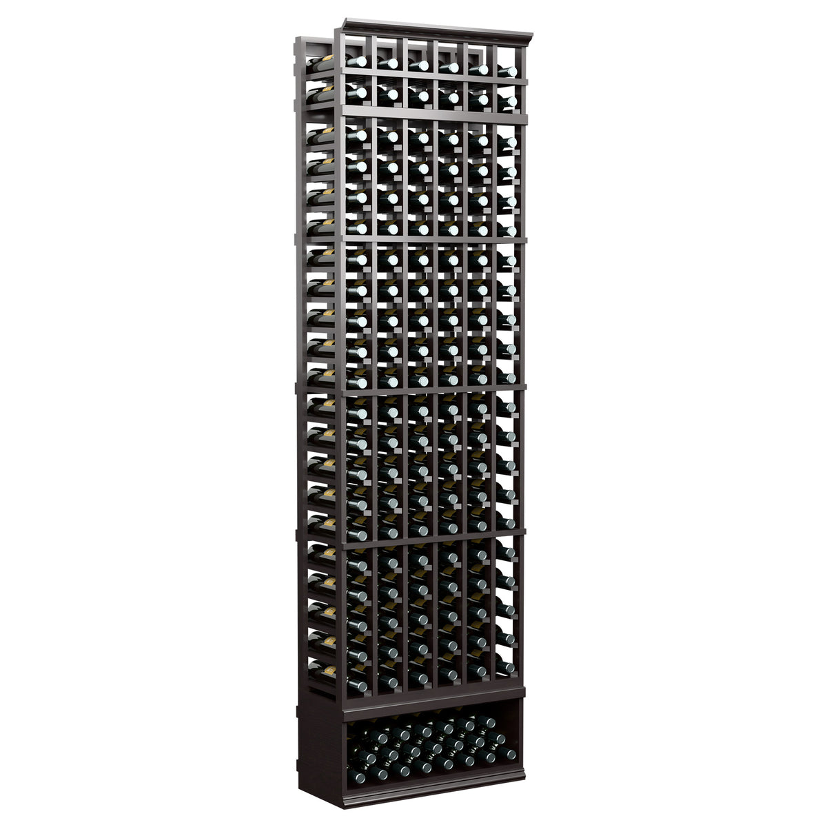 Dark wood 6-column wine bottle rack with front bottle slots, 8 ft tall