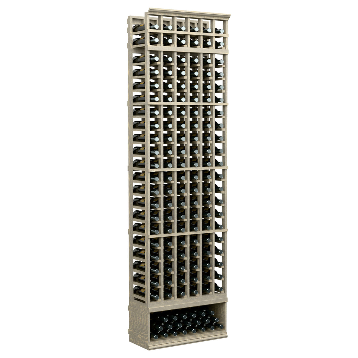 6-column wine bottle rack, light wood frame with black side rails and bottle rows
