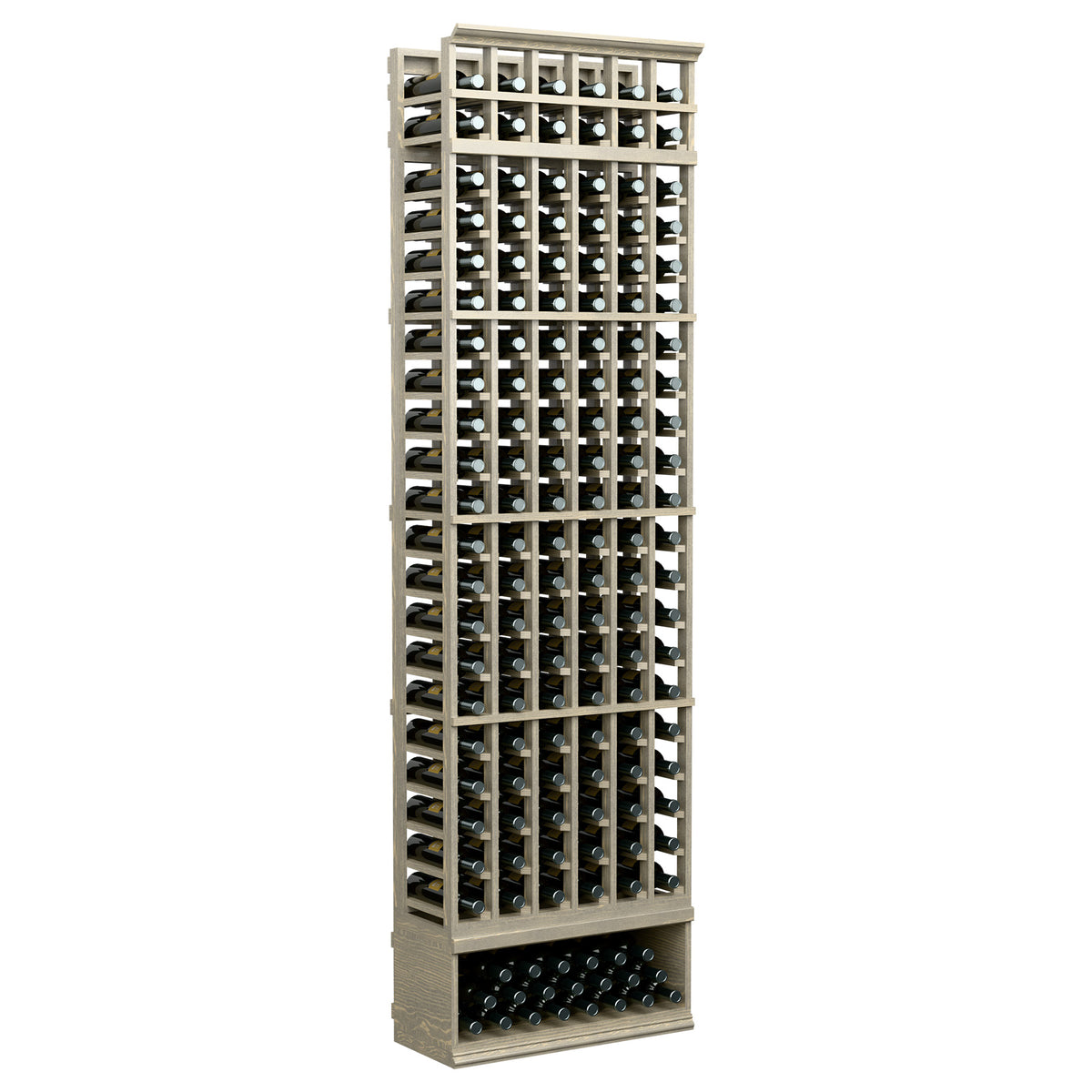 6-column wine bottle rack, light wood frame showing tightly spaced bottle openings