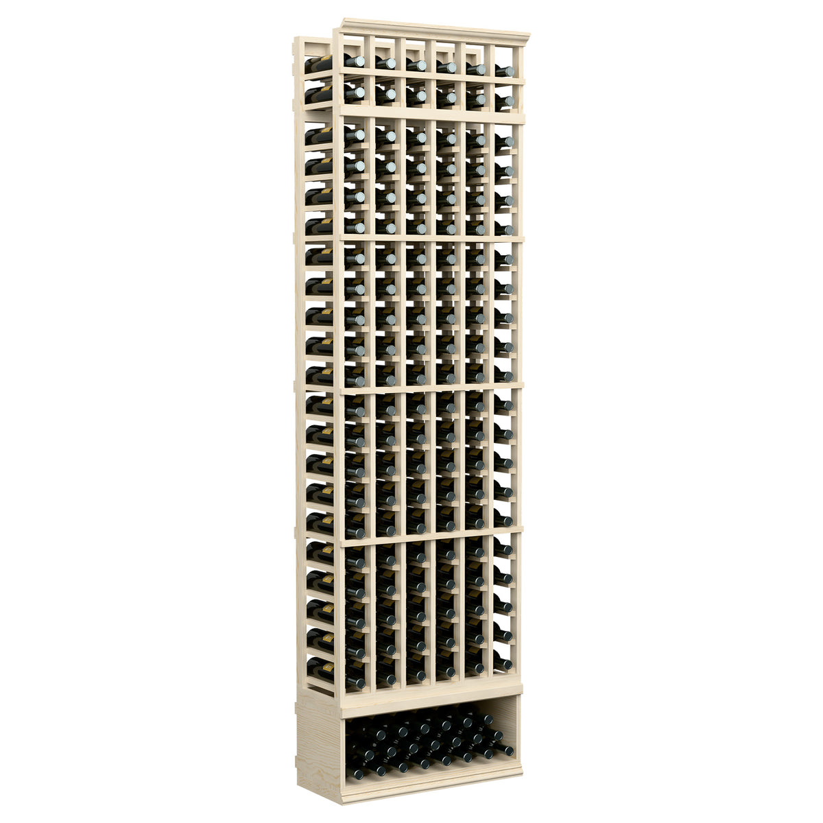 6-column wine bottle rack in light wood, front view with stacked bottle slots